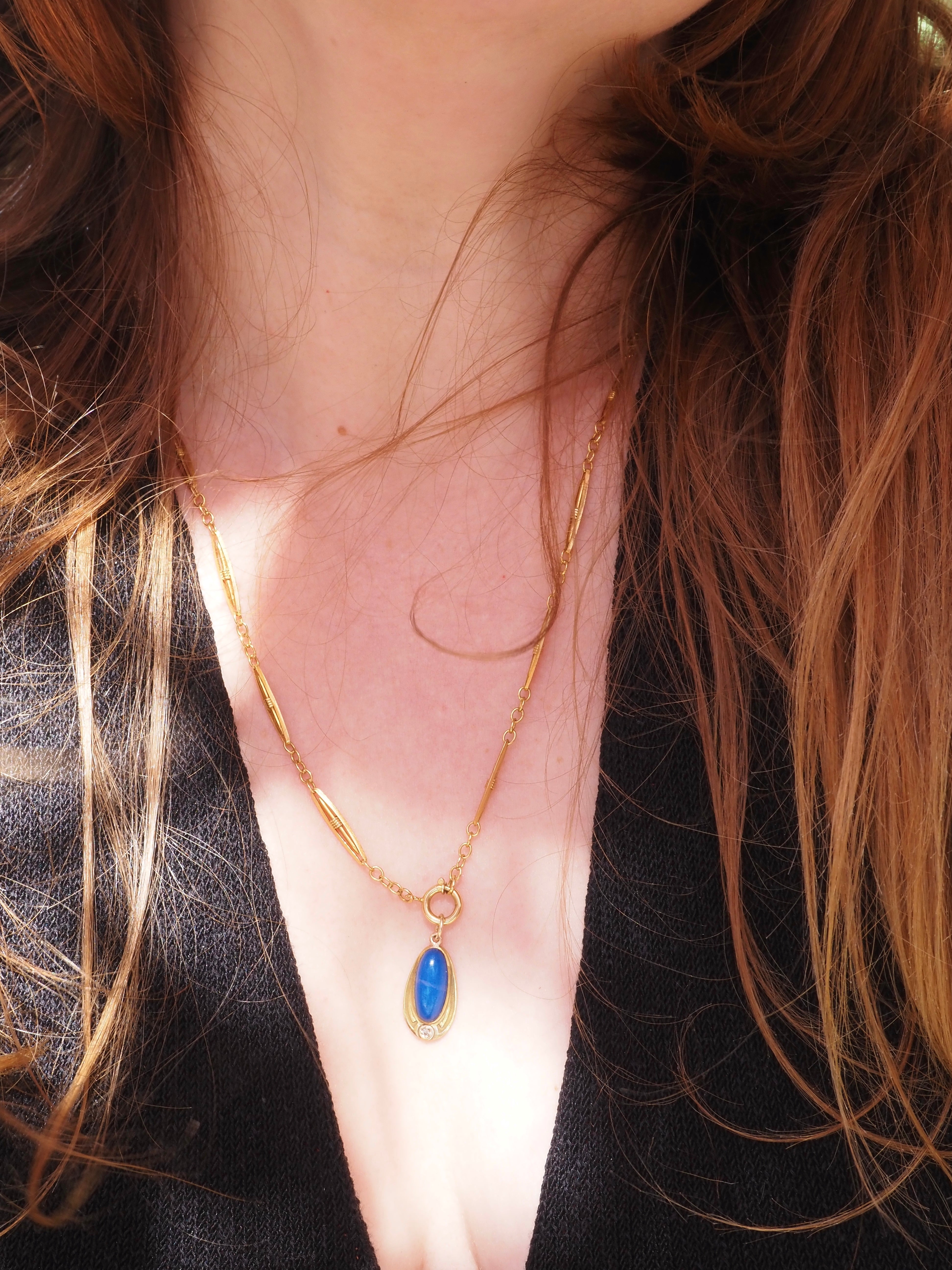 Antique Art Nouveau 14k Gold Lapis & Diamond Pendant
