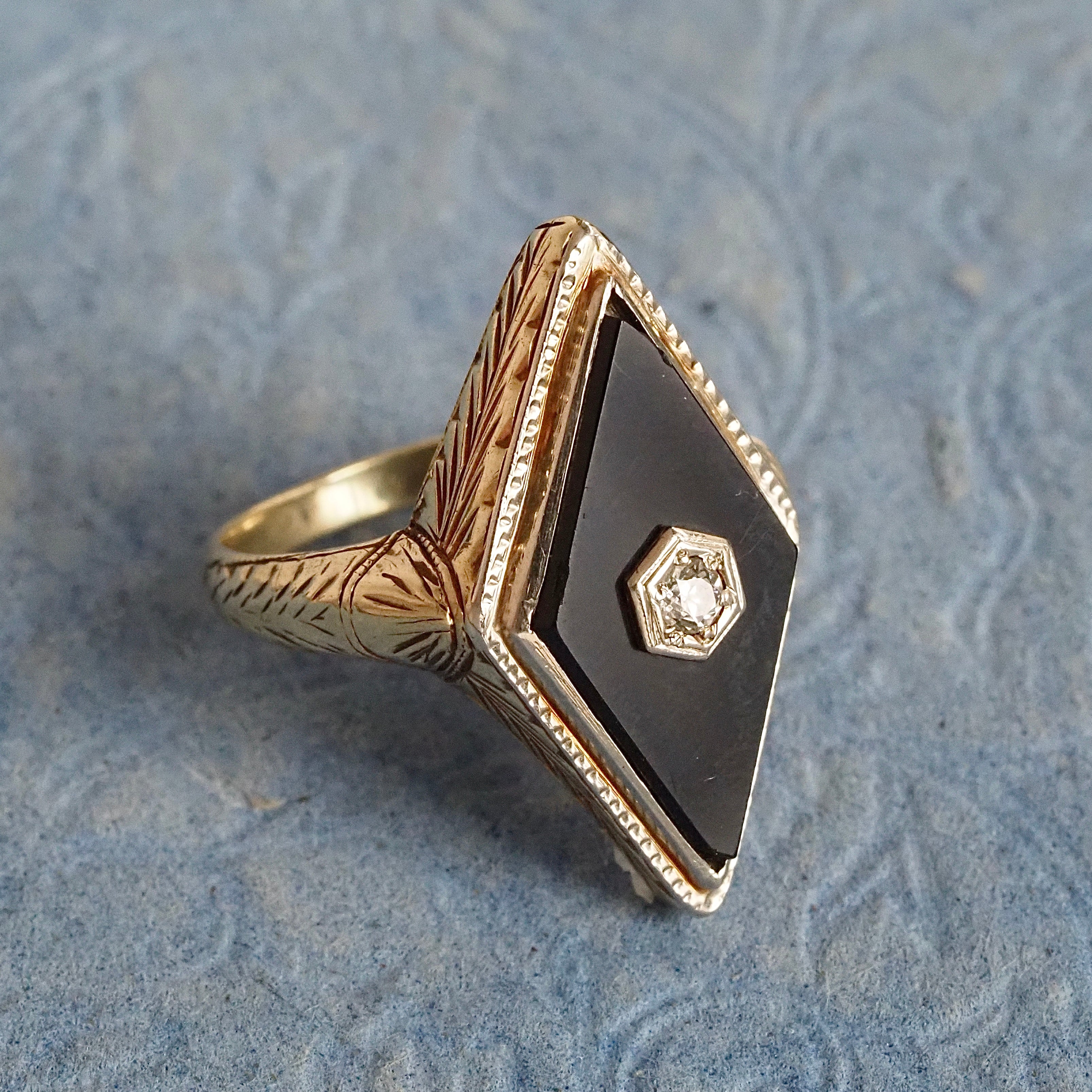 Art Deco Onyx Diamond 14k White Gold Ring