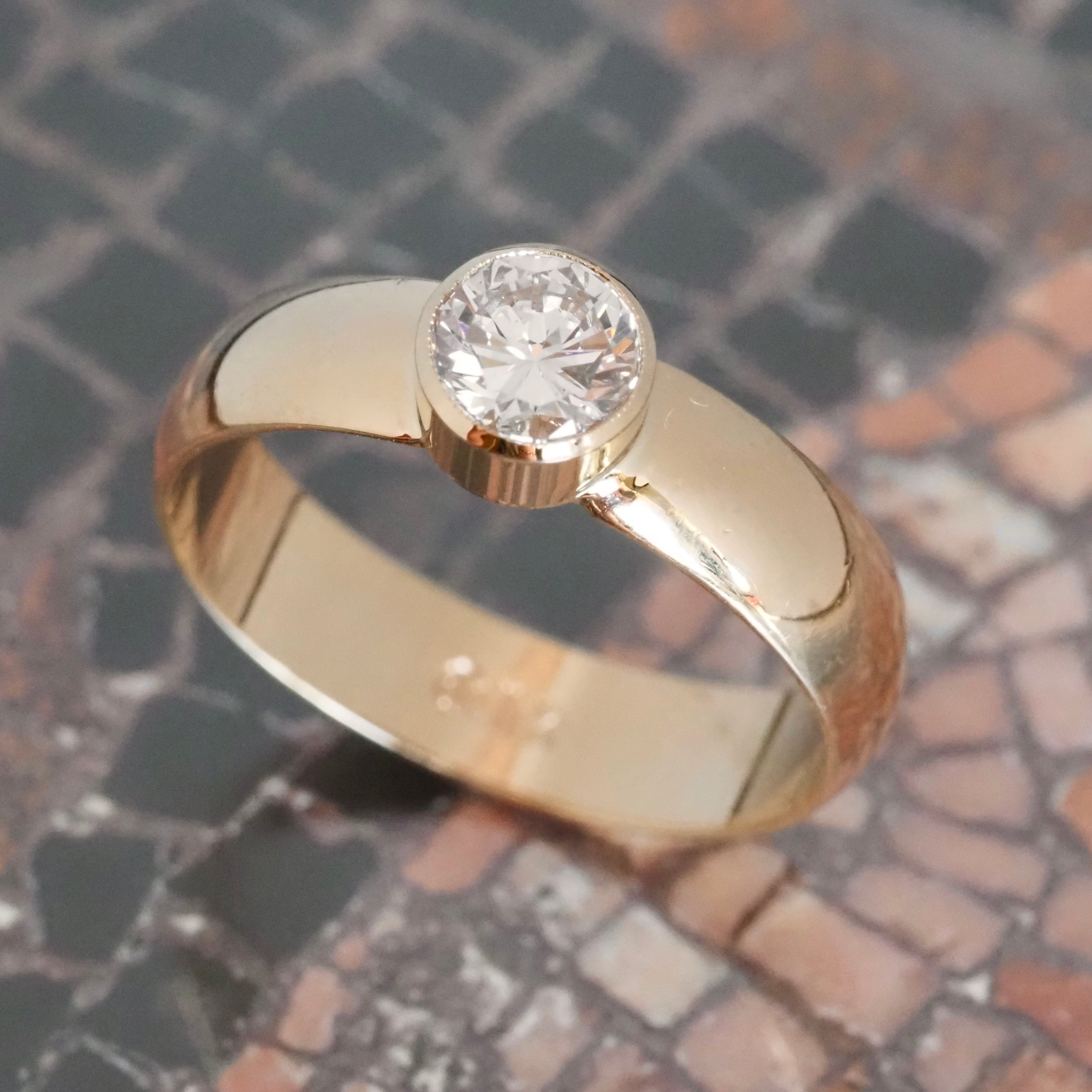 Round Brilliant Cut Bezel Set Diamond 14k Gold Engagement Ring