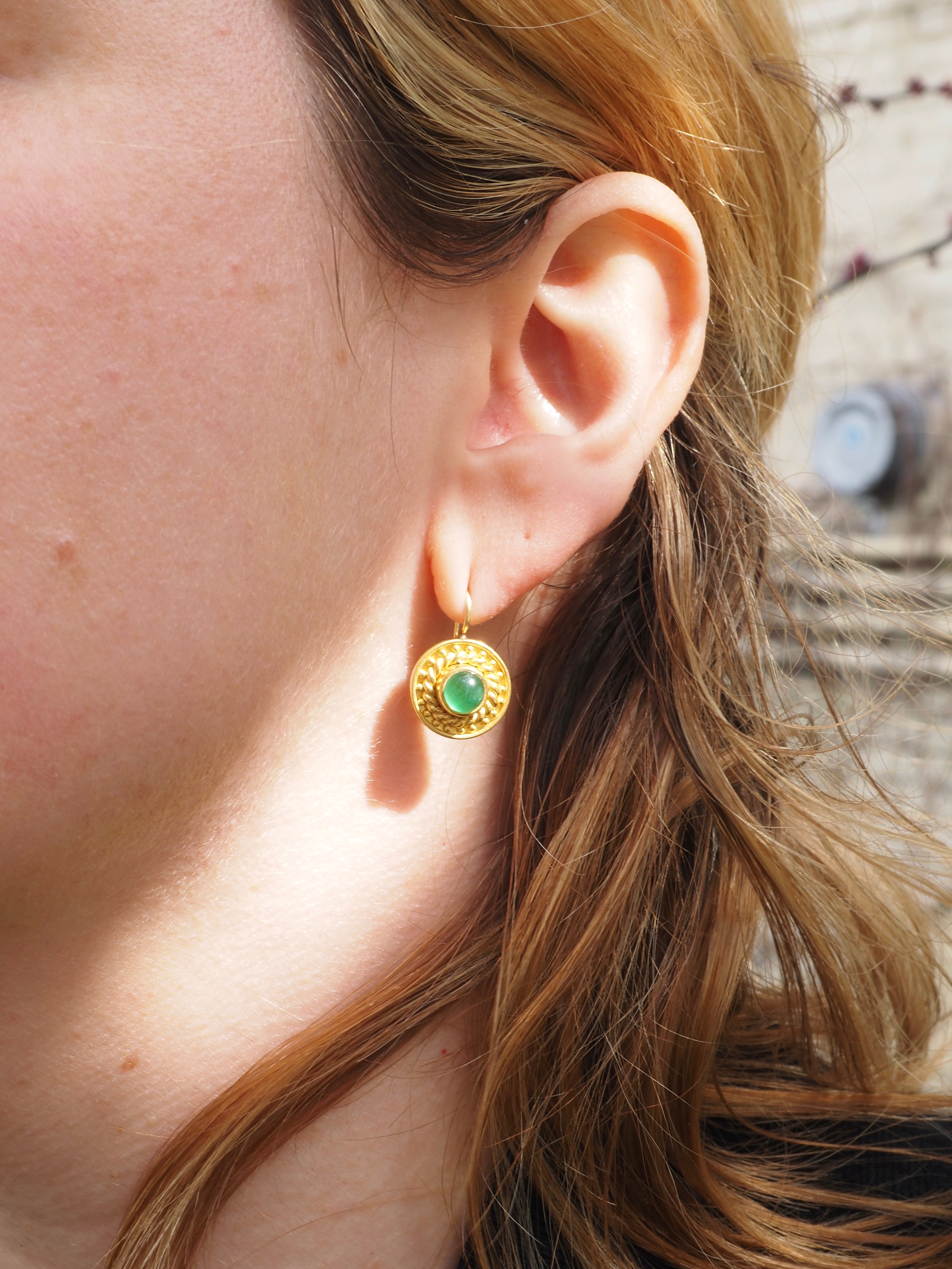 Artisan Etruscan Revival 22k Gold Cabochon Emerald Disc Earrings