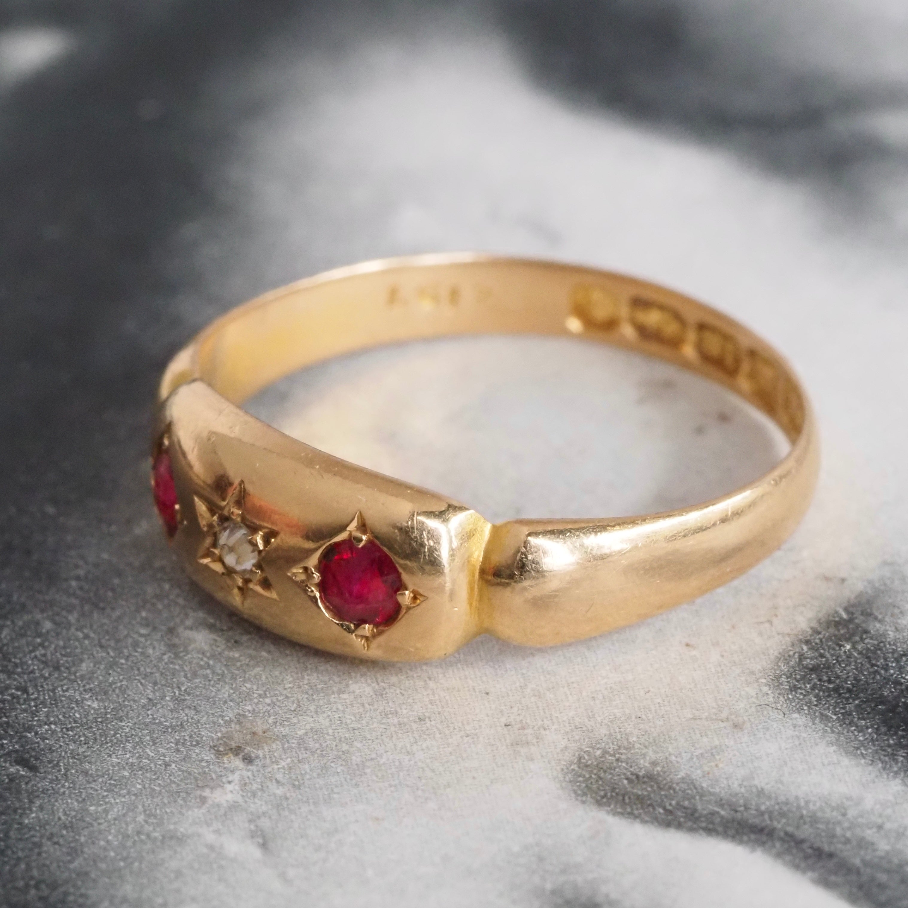 Antique Victorian English c. 1893 Ruby and Old Mine Cut Diamond Starburst 18k Gold Ring
