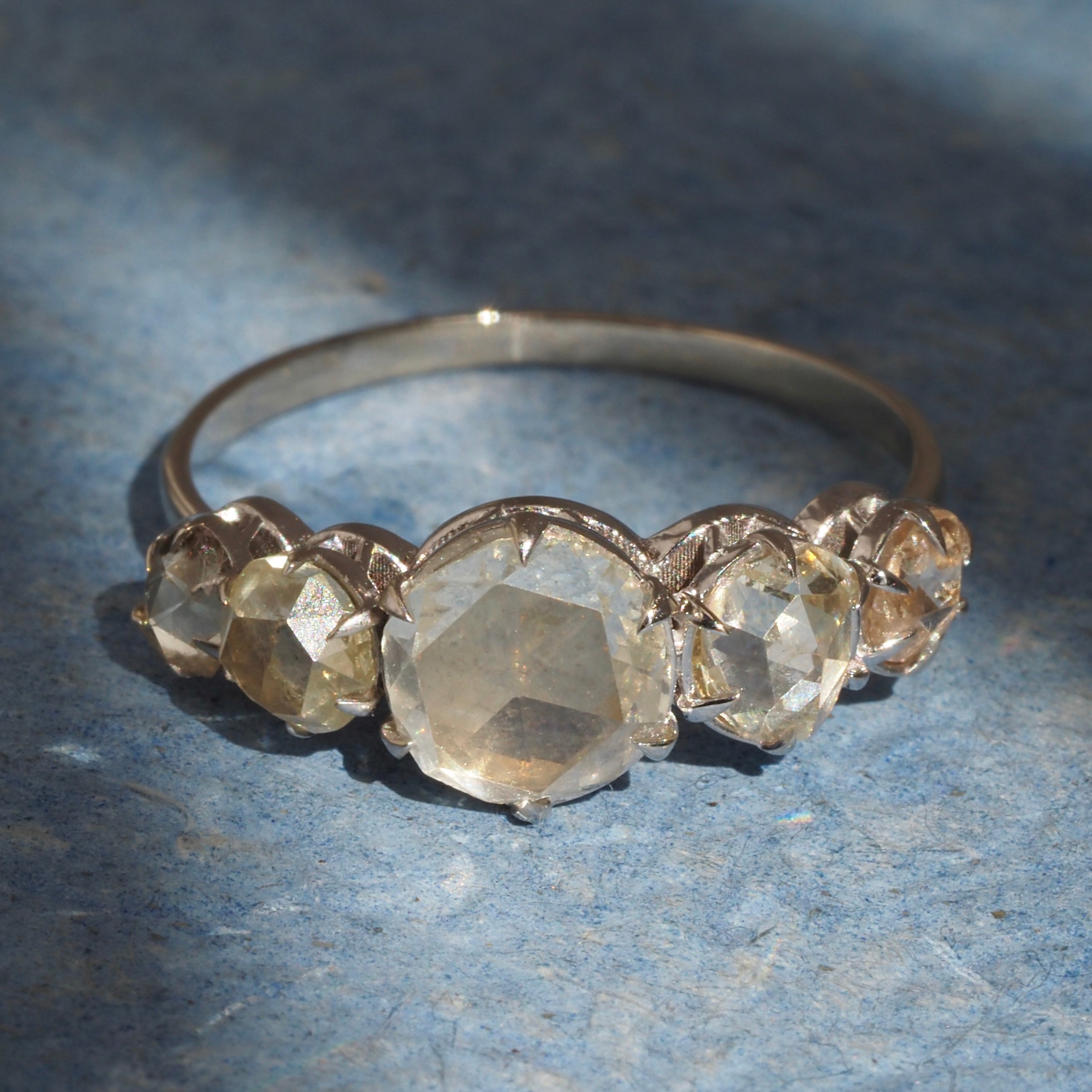 Rose Cut Diamond Five Stone 14k White Gold Engagement Ring