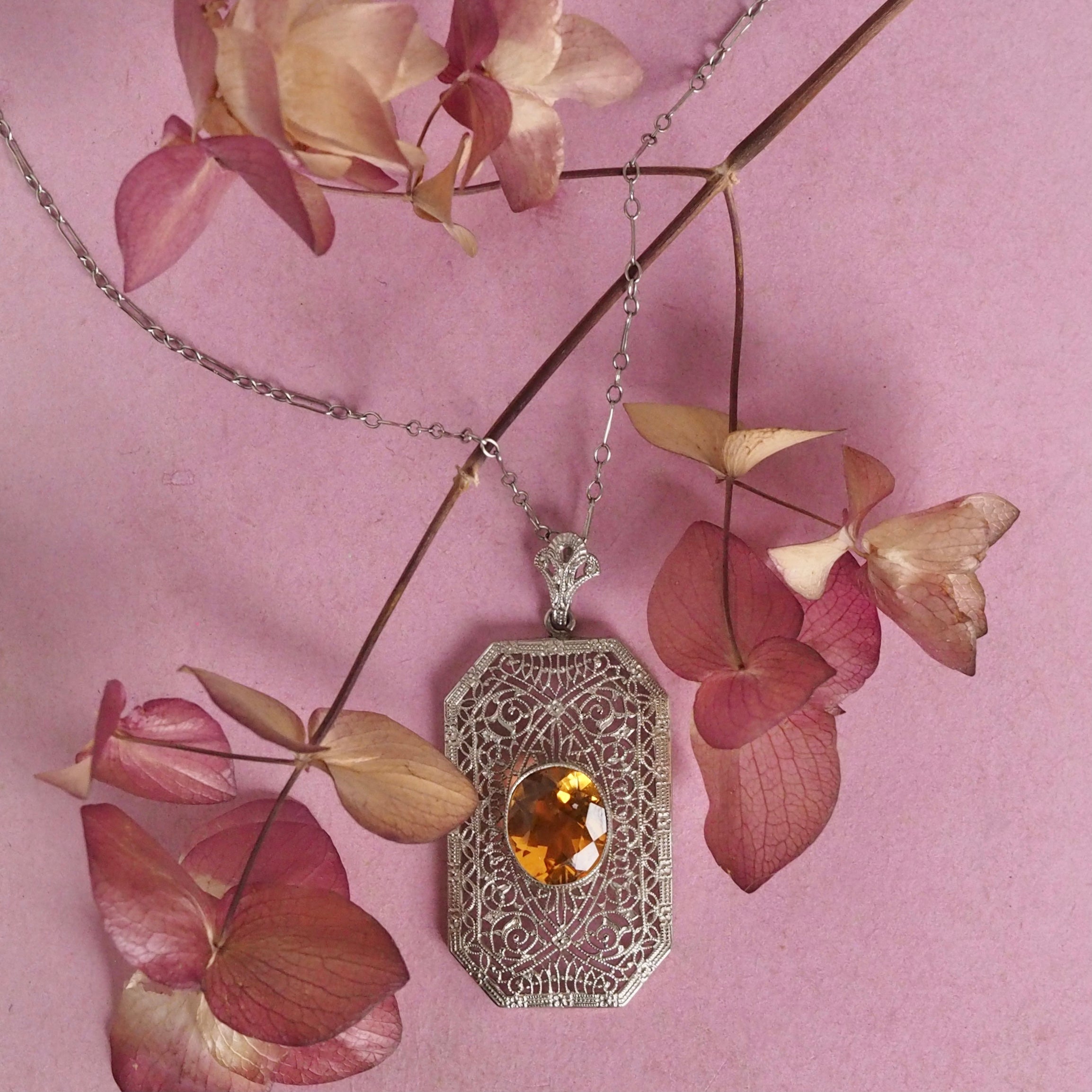 Antique Art Deco White Gold Filigree Citrine Pendant