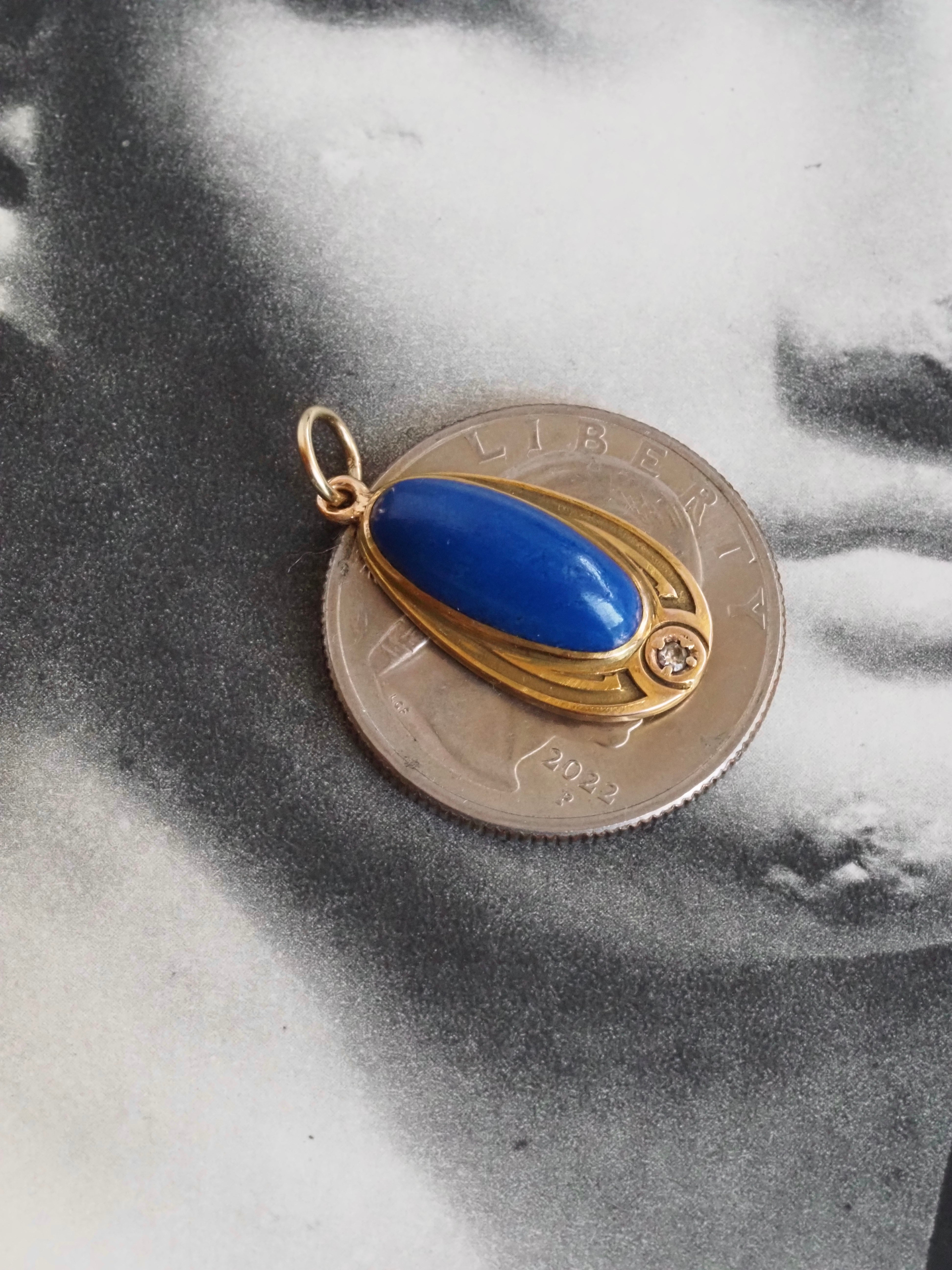 Antique Art Nouveau 14k Gold Lapis & Diamond Pendant