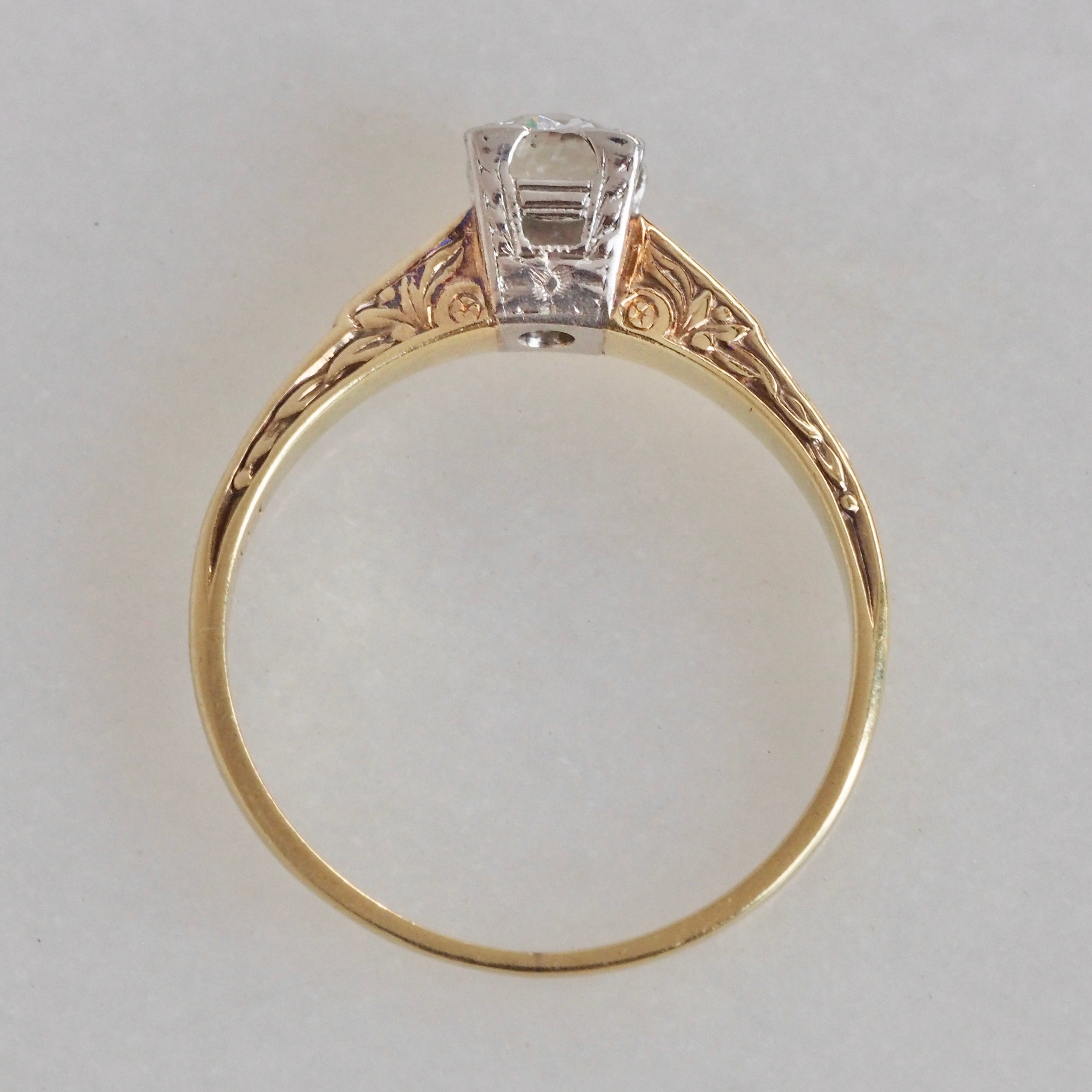 Art Deco 14k White and Yellow Gold Old European Cut Diamond Engagement Ring