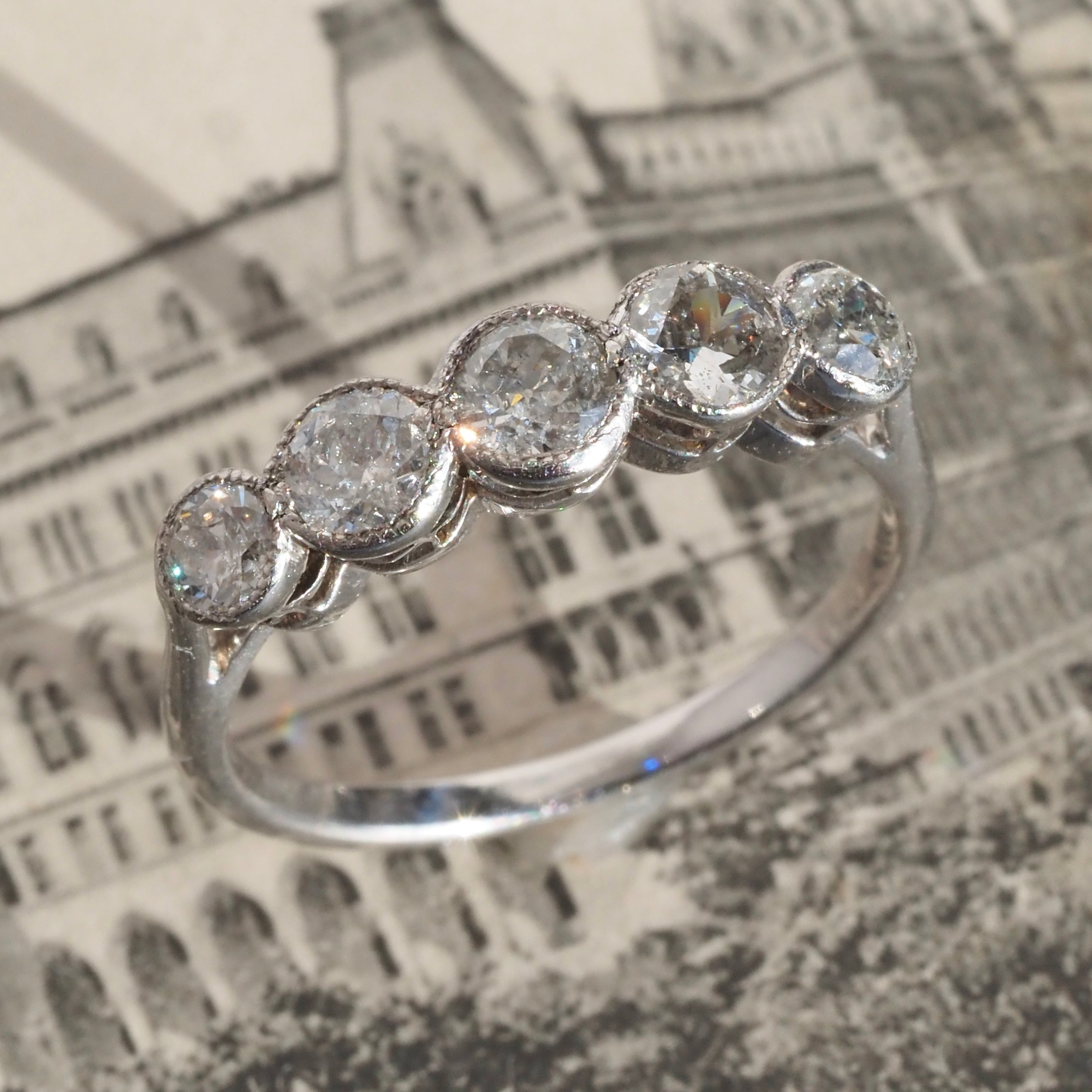 Antique Old European Cut Diamond Five Stone 18k White Gold Ring