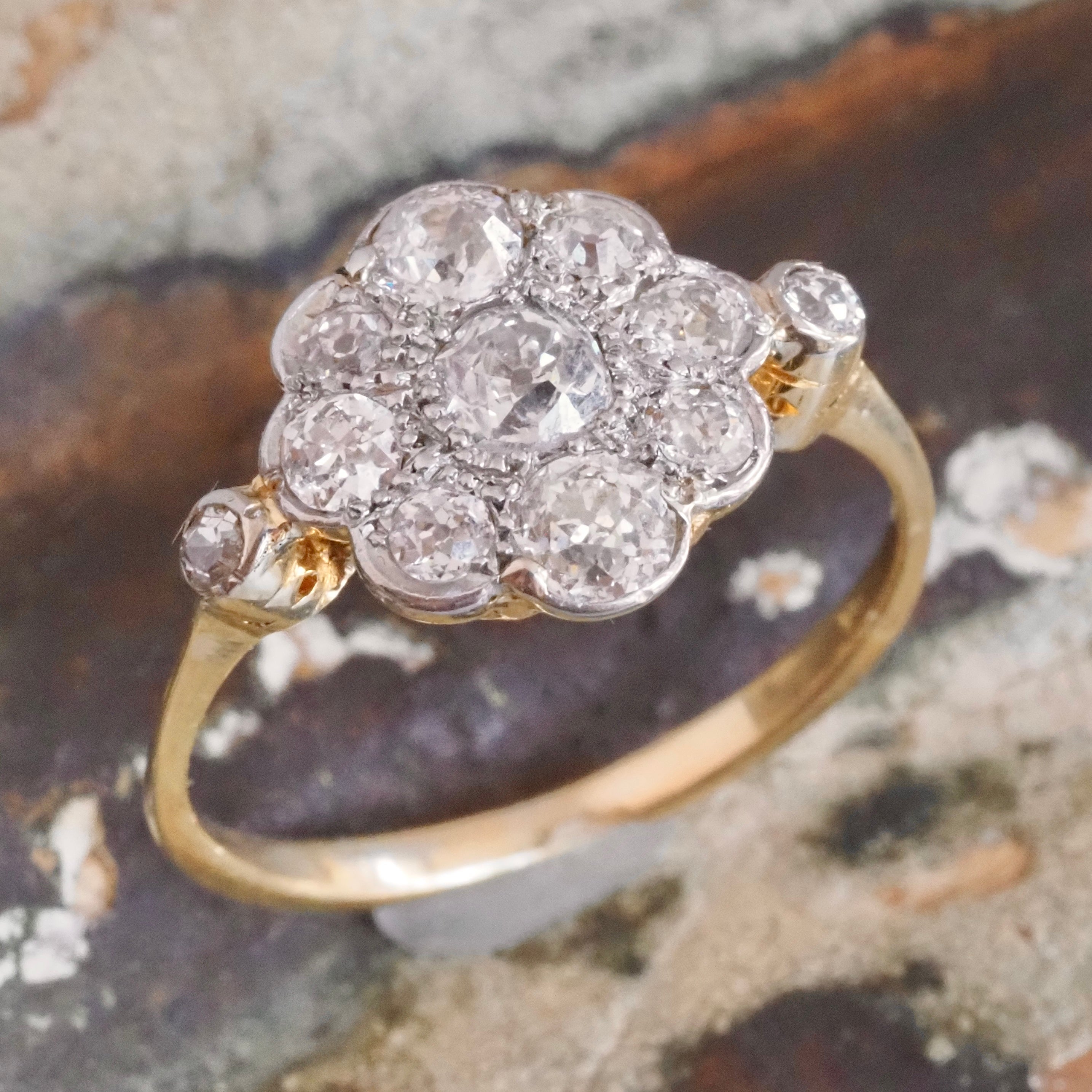 Antique Edwardian 18k Gold Old Mine Cut Diamond Cluster Ring