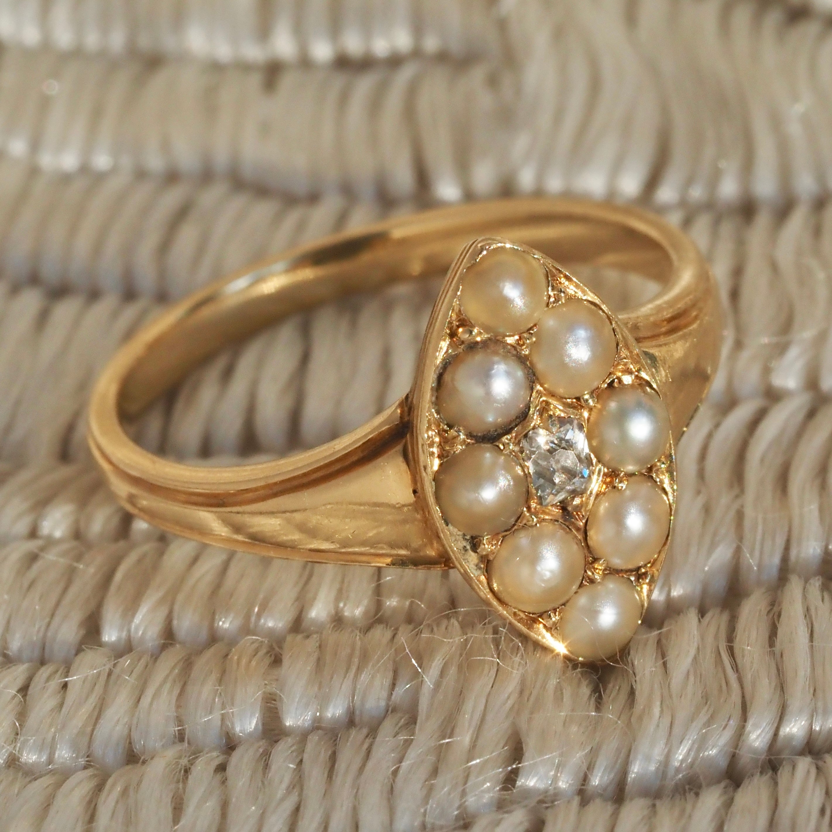 Antique Early Victorian Peruzzi Diamond Natural Seed Pearl 18k Gold Navette Ring