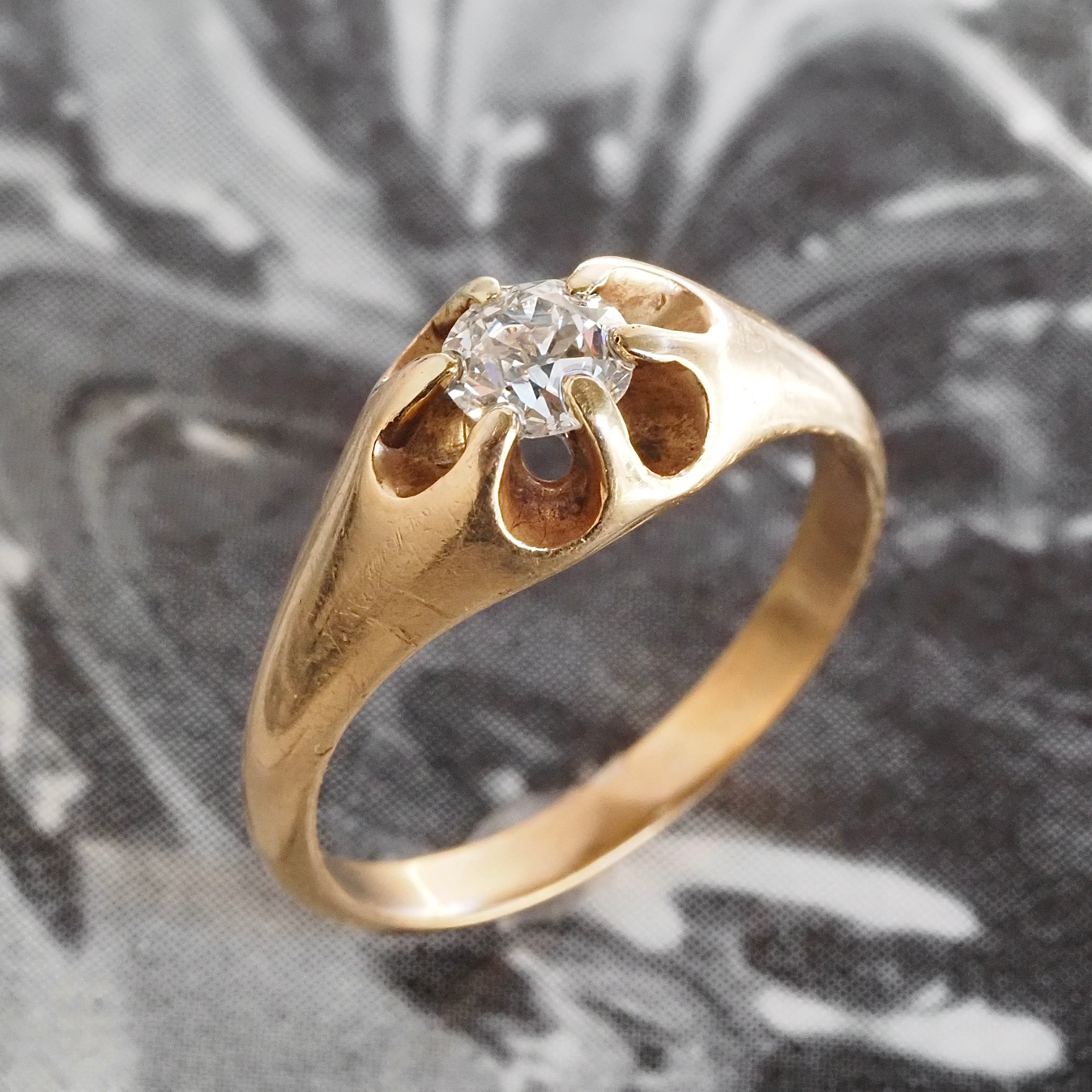 Antique Old Mine Cut Diamond Belcher Set 14k Gold Engagement Ring