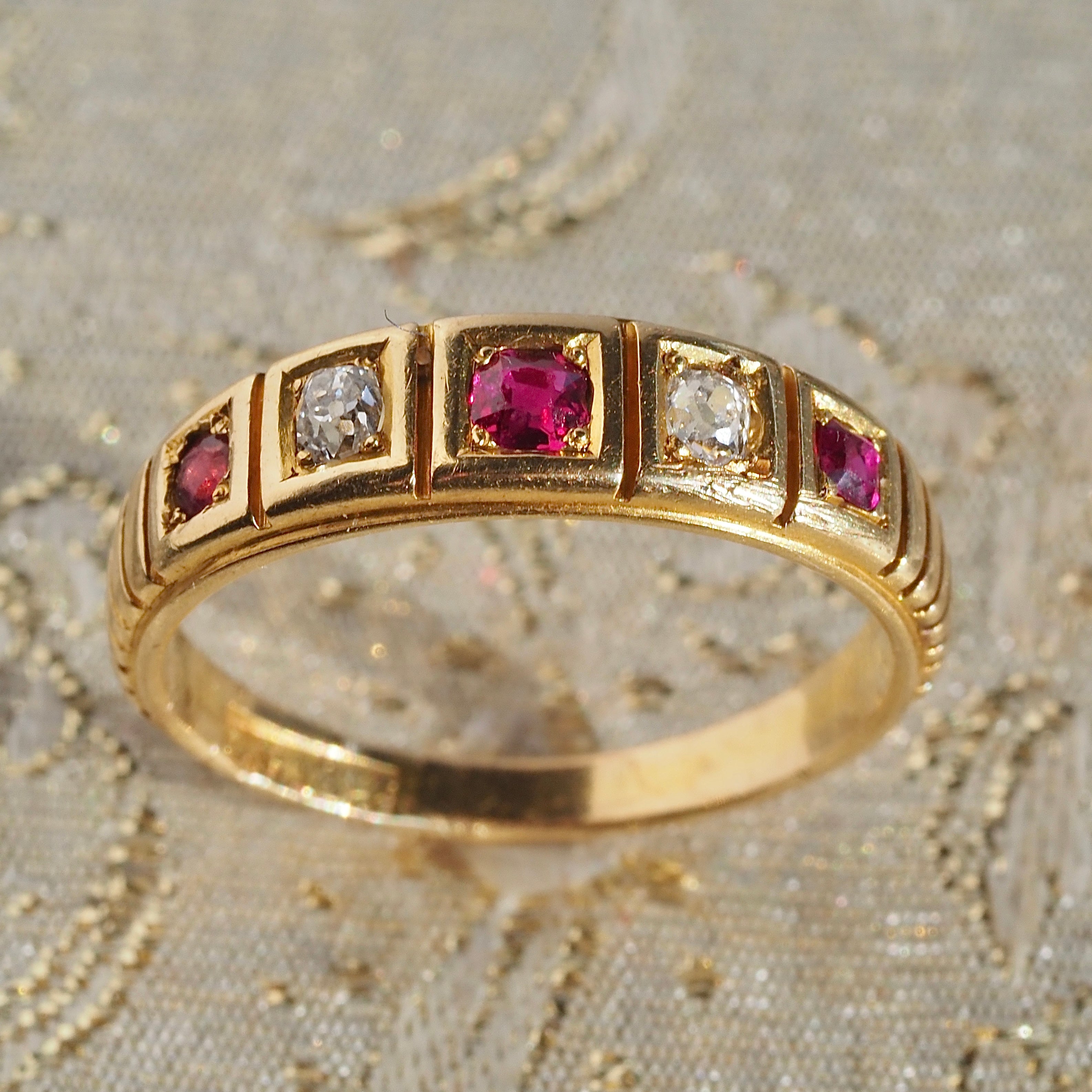 Antique Old Mine Cut Diamond and Ruby 18k Gold Five Stone Ring