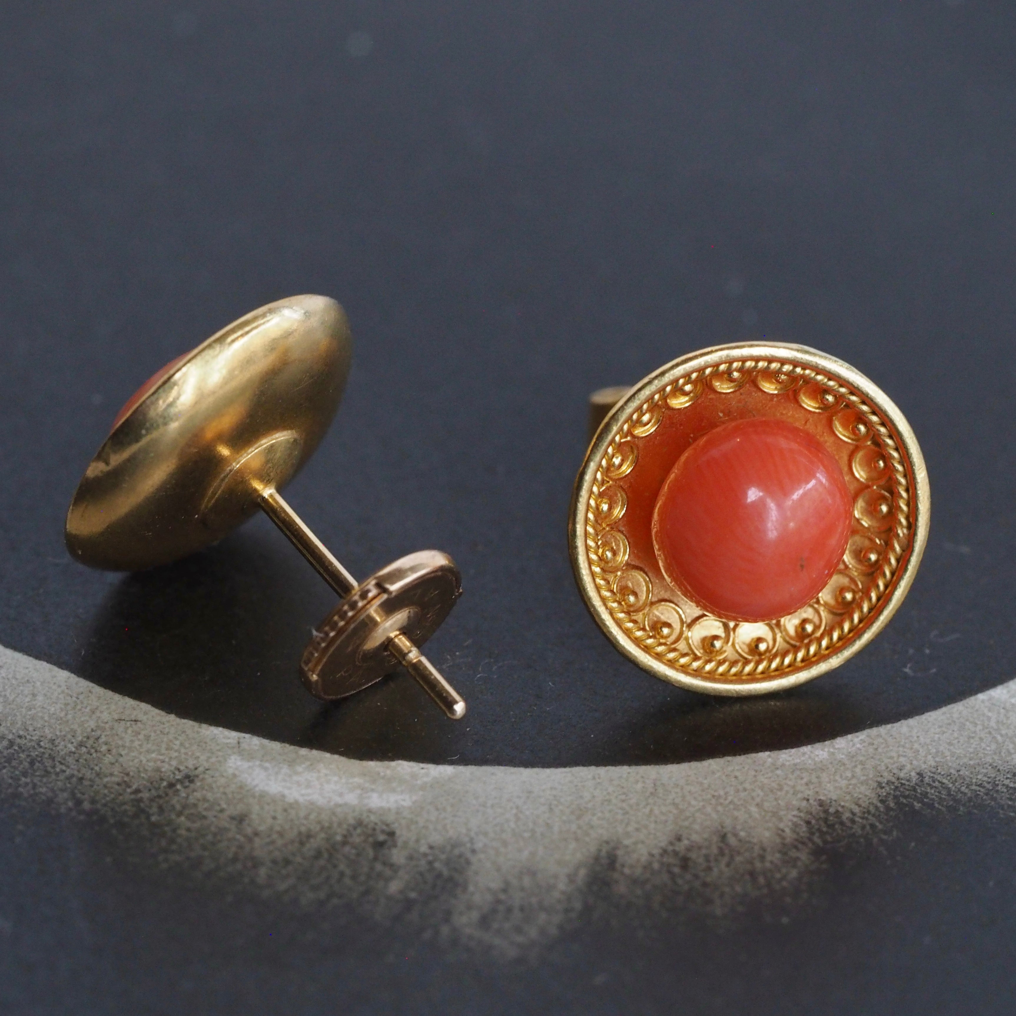 Antique Etruscan Style 18k Gold Coral Disc Earrings
