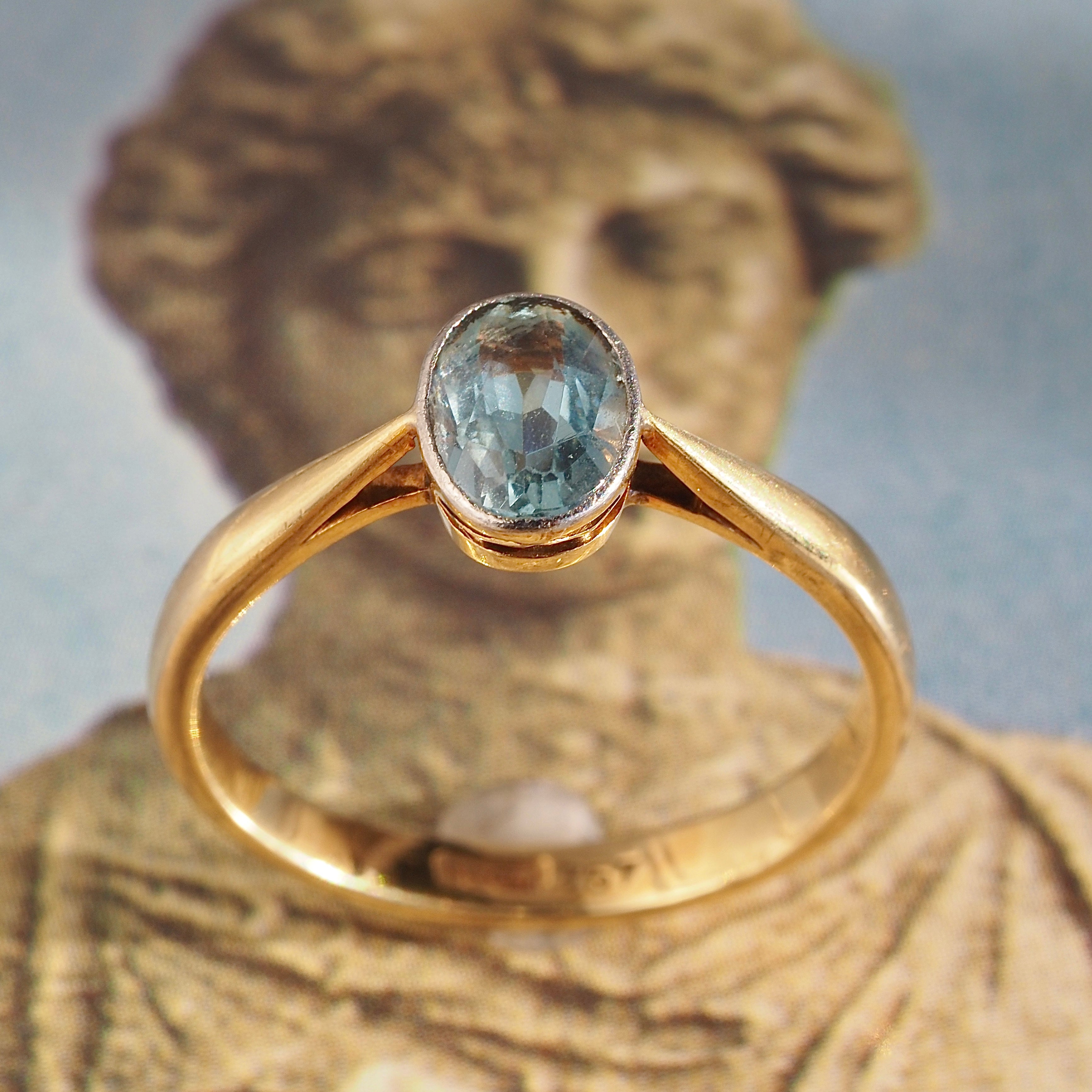 Antique English Edwardian Aquamarine 18k Gold Solitaire Ring
