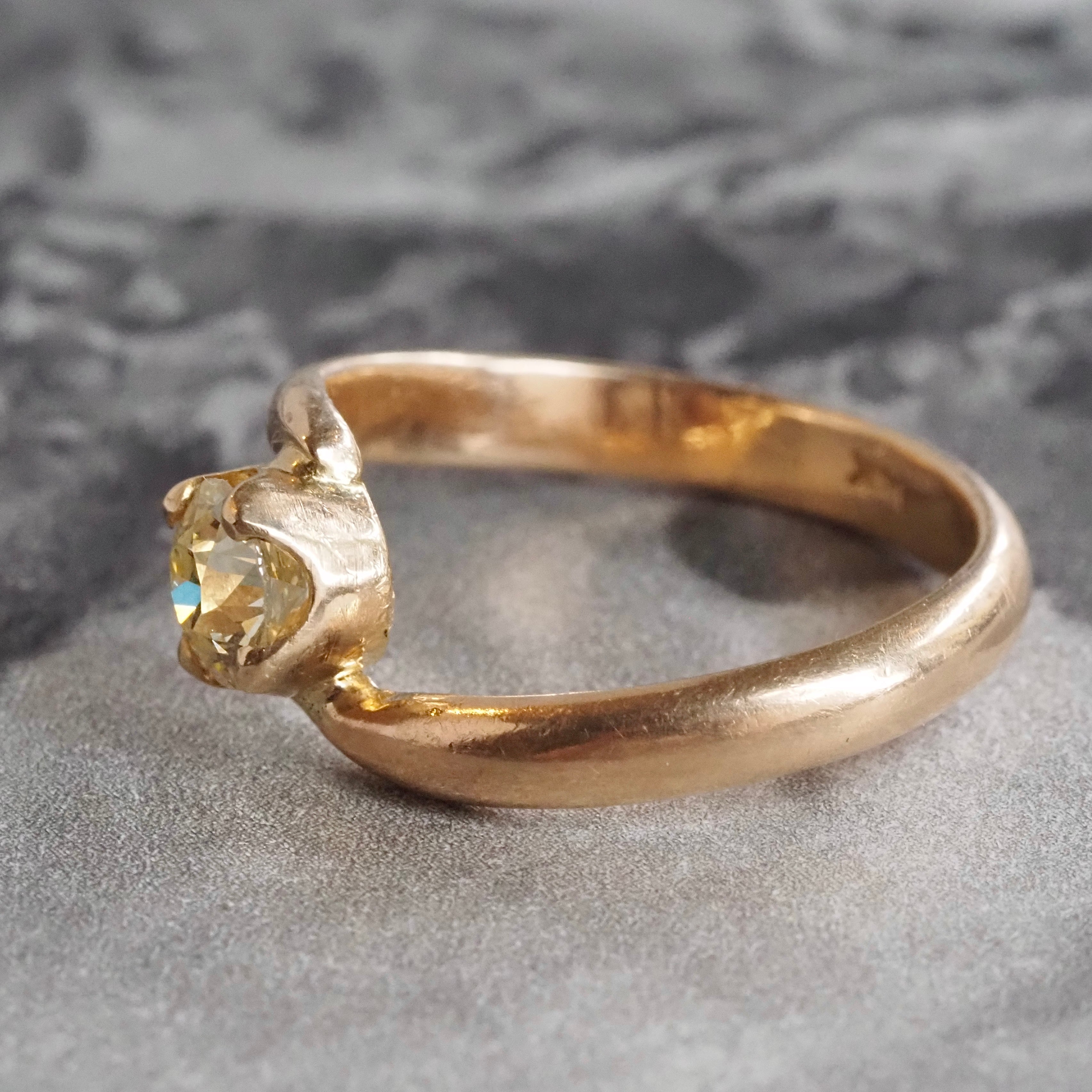 Mid-Century Light Yellow Old European Cut Diamond 14k Gold Bypass Solitaire Engagement Ring