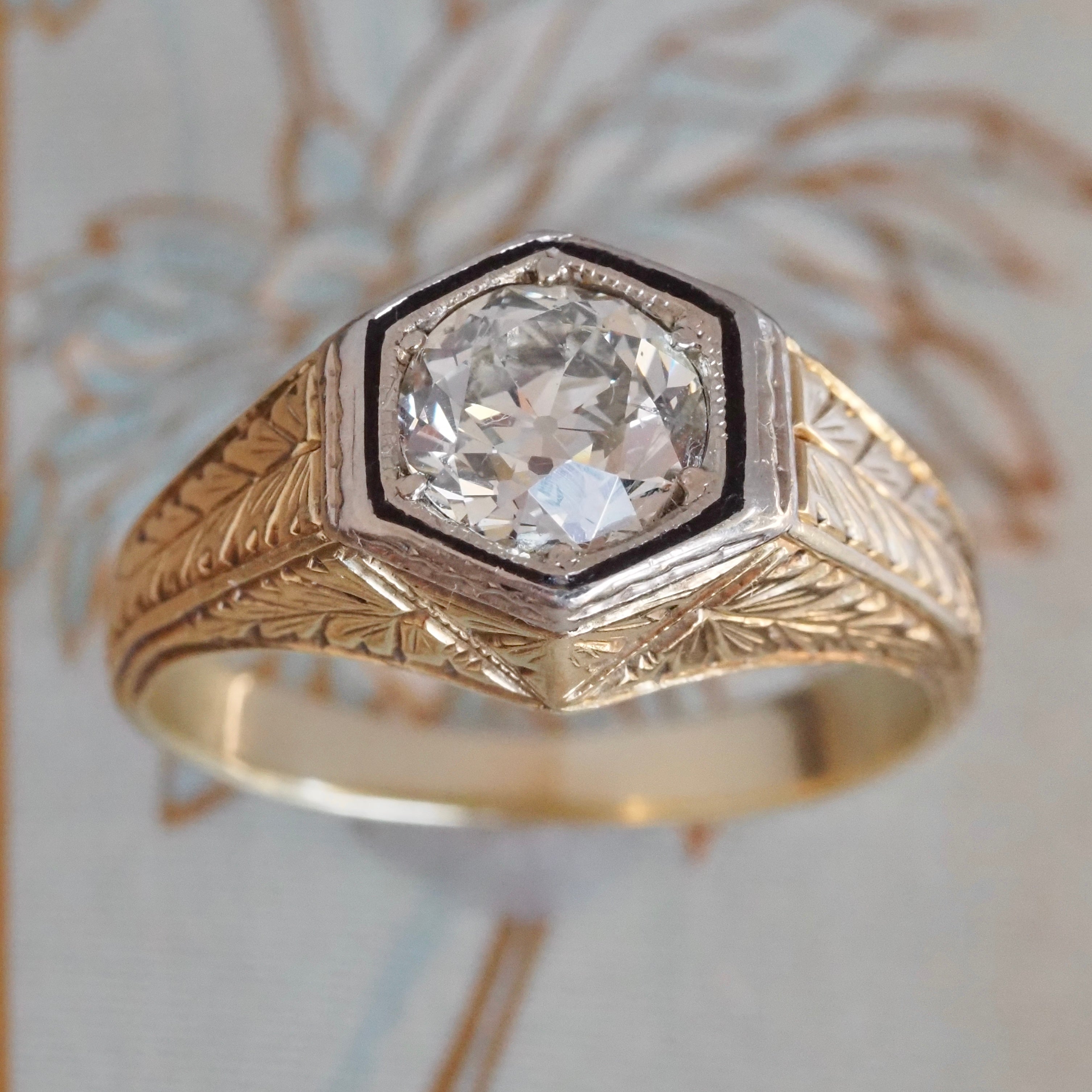 Art Deco 14k Gold Enamel Old European Cut Diamond Engagement Ring