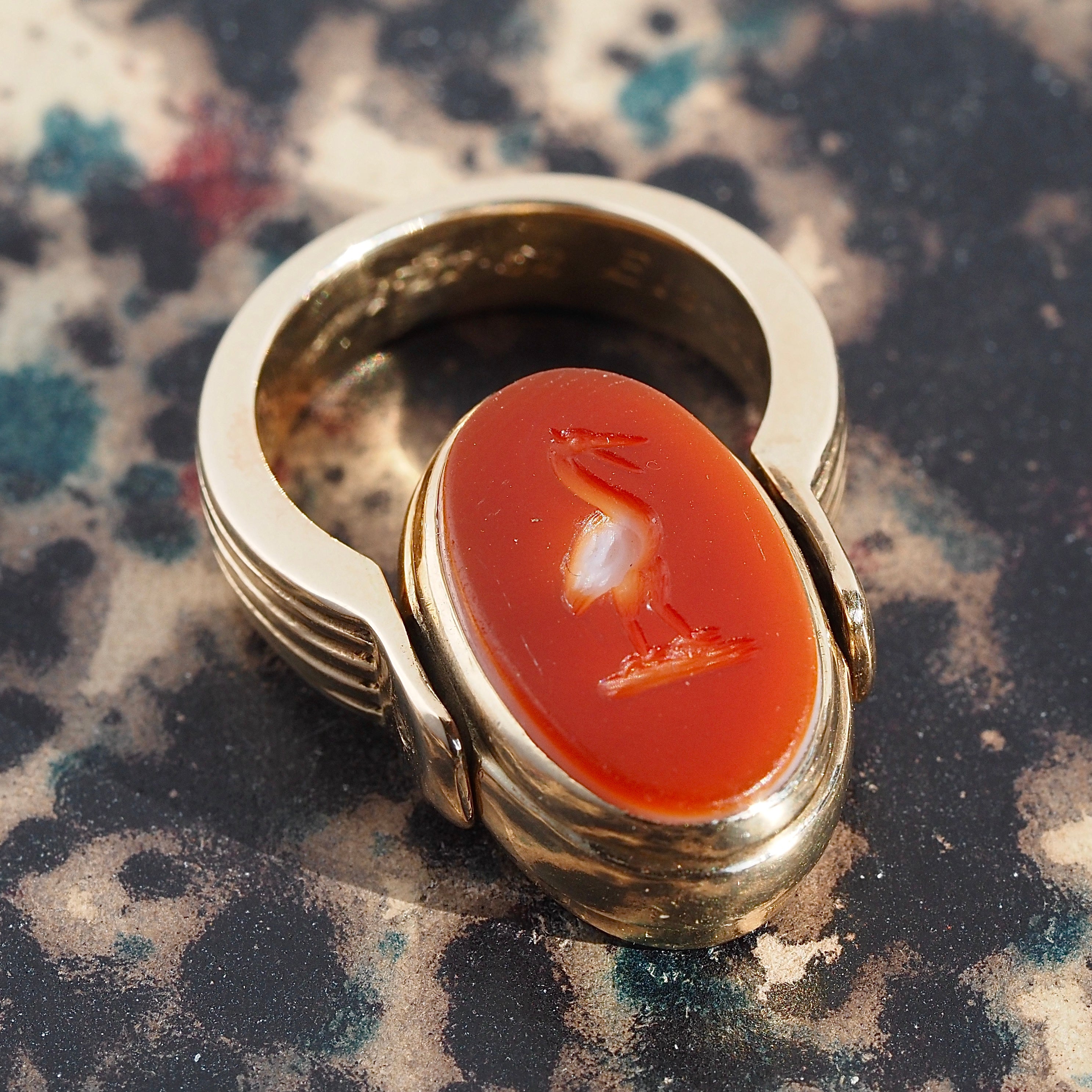 Antique Victorian Heron & Boar Swivel Intaglio Carnelian and Banded Agate 14k Gold Ring
