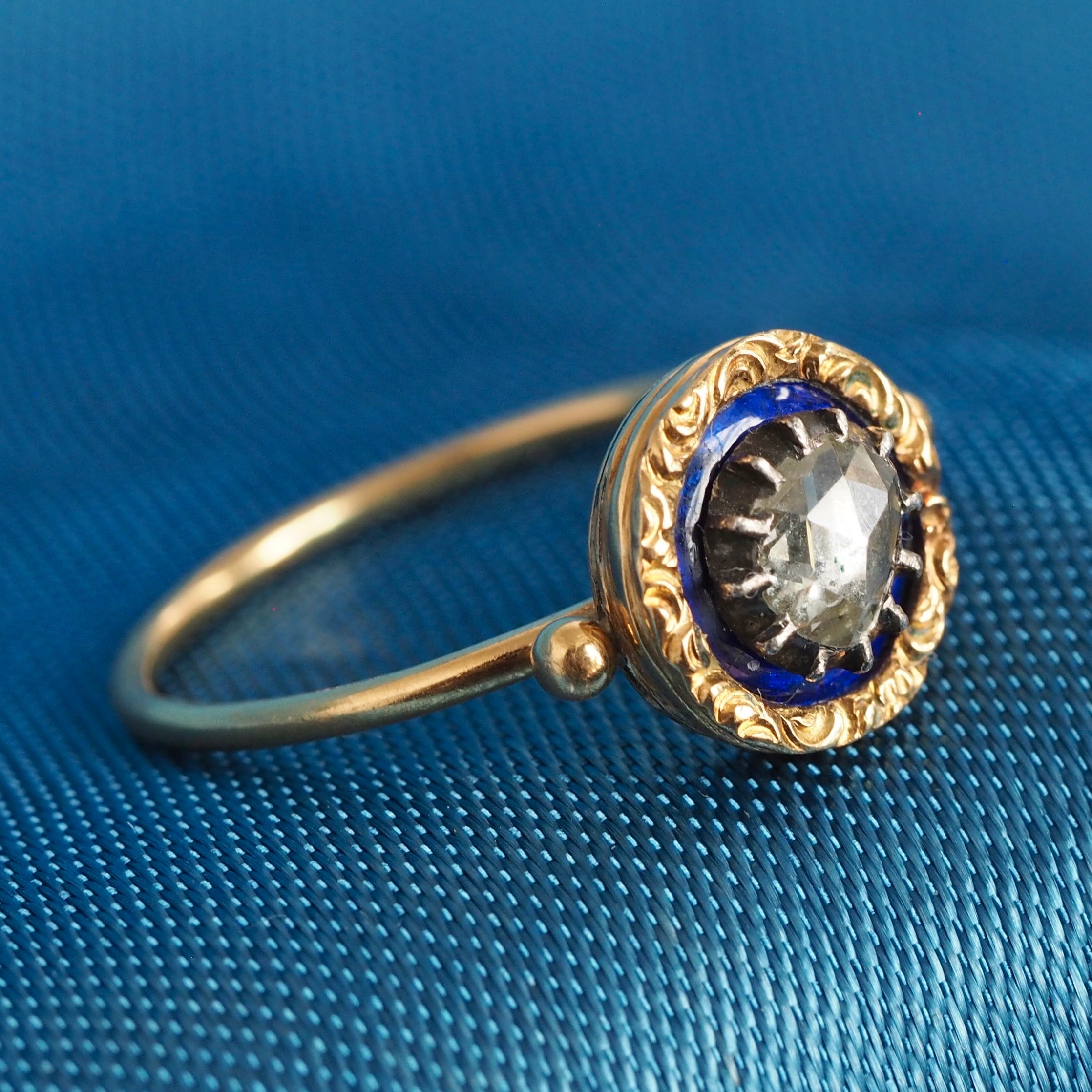 Antique Portuguese 19k Gold Georgian Rose Cut Diamond and Enamel Ring