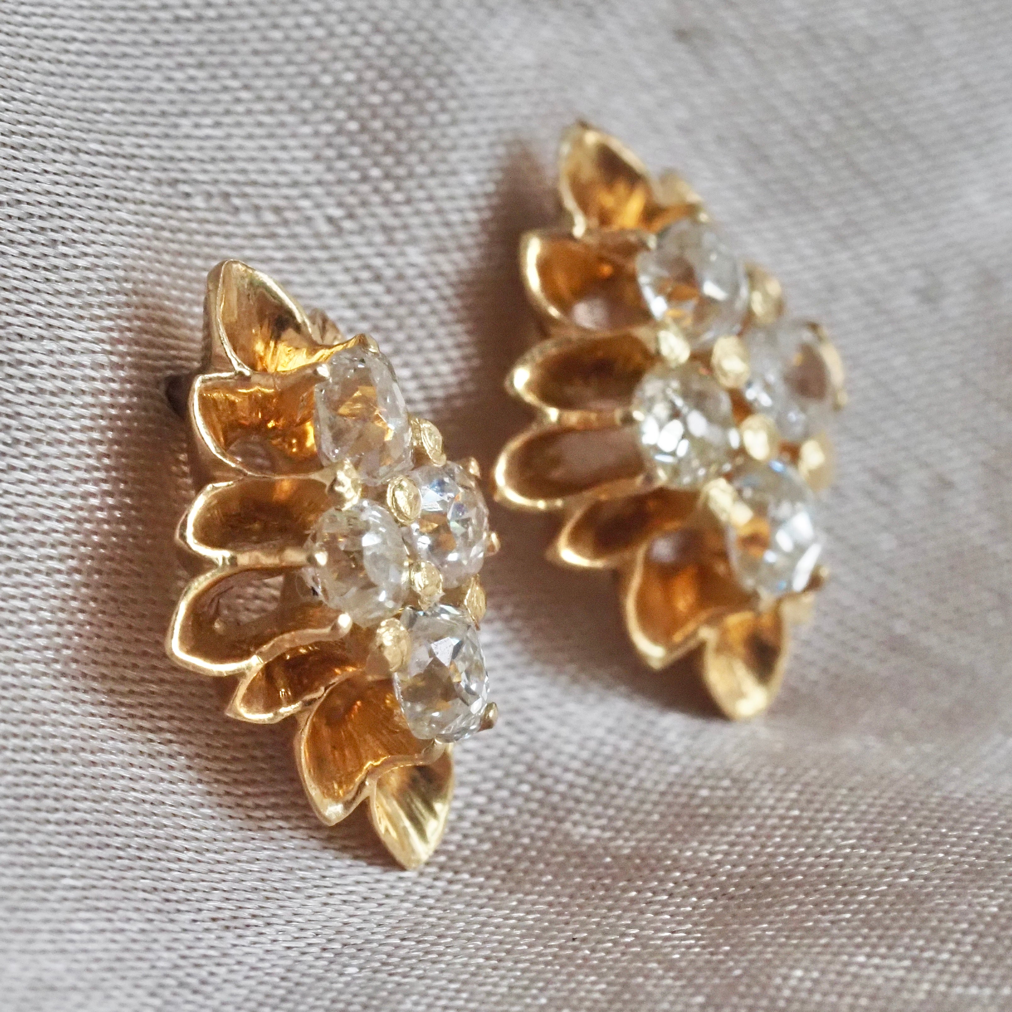 Old Mine Cut Diamond Cluster 14k Gold Stud Earrings