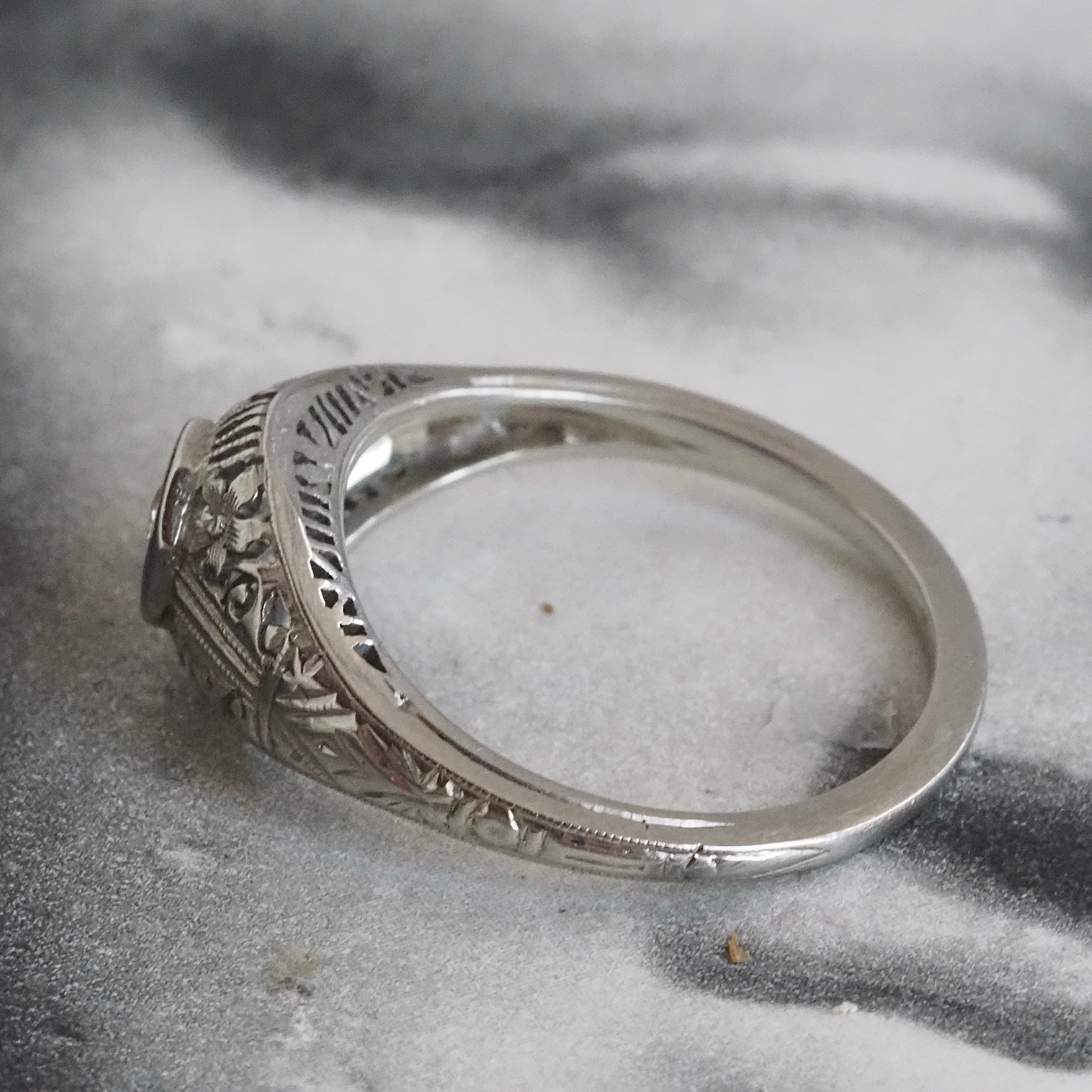 Antique Art Deco Old European Cut Diamond Open Work 18k White Gold Ring