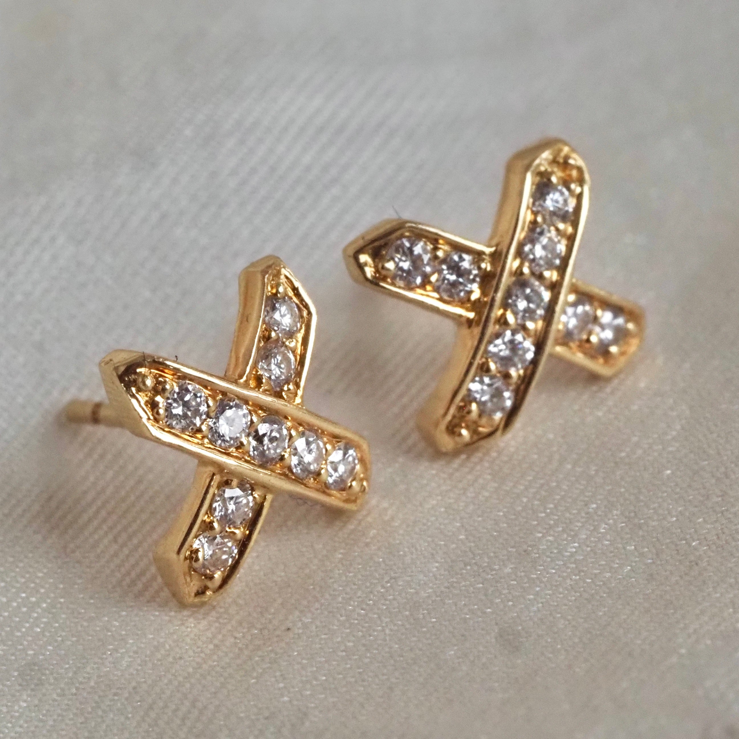 Vintage Diamond "X" 18k Gold Stud Earrings