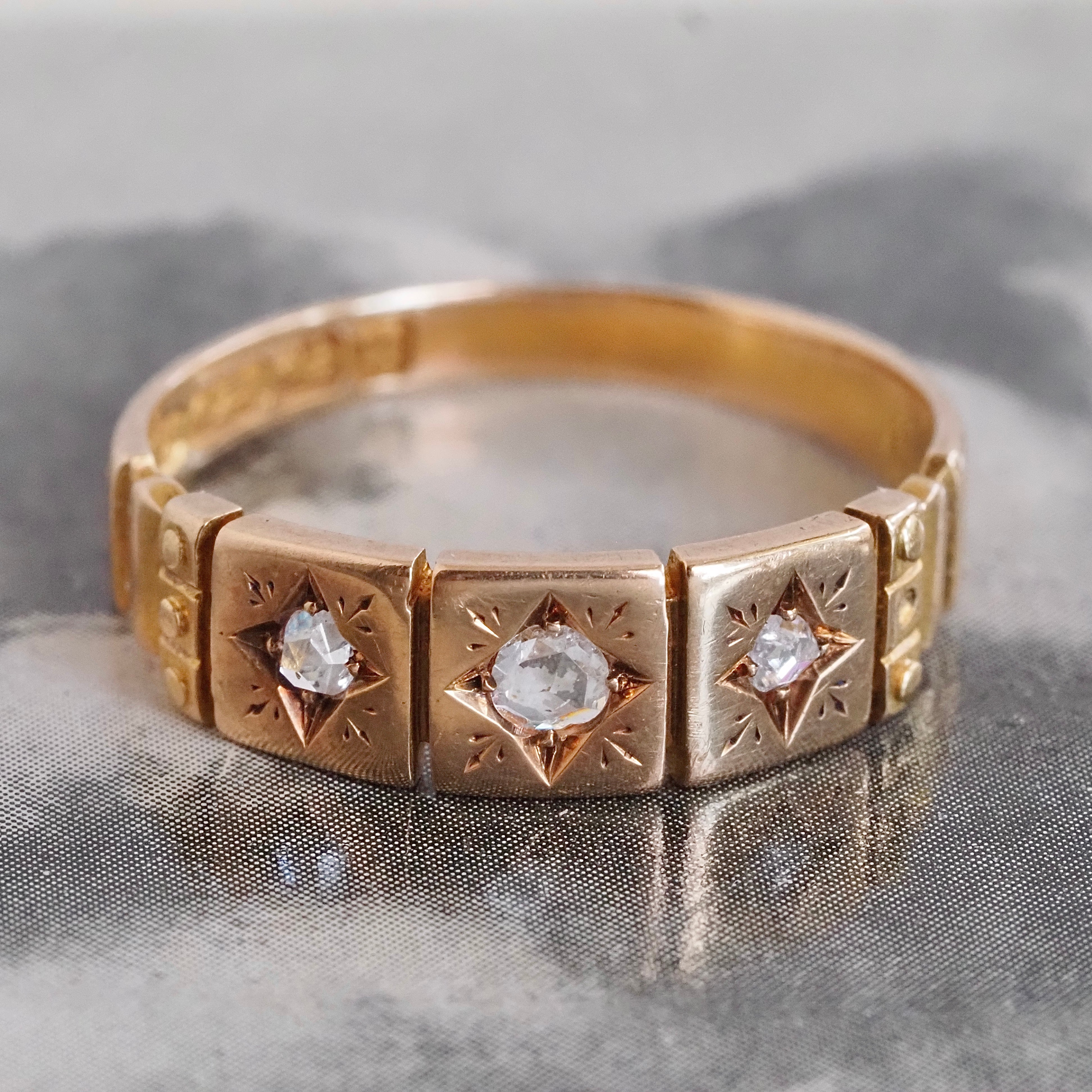 Antique Victorian English c. 1894 Rose Cut Diamond Trilogy 15k Gold Panel Ring