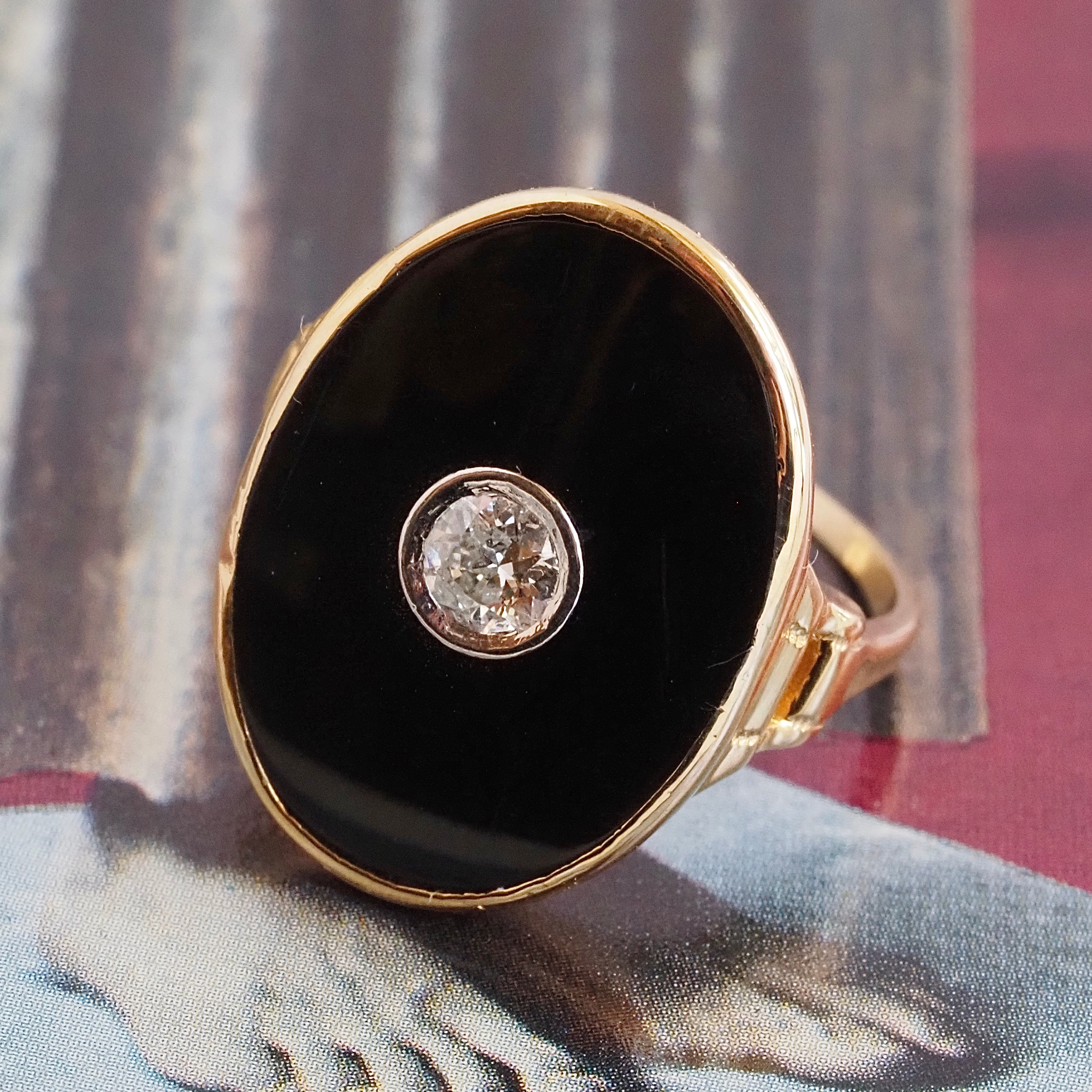 Antique Art Deco Old European Cut Diamond Onyx 14k Gold Ring