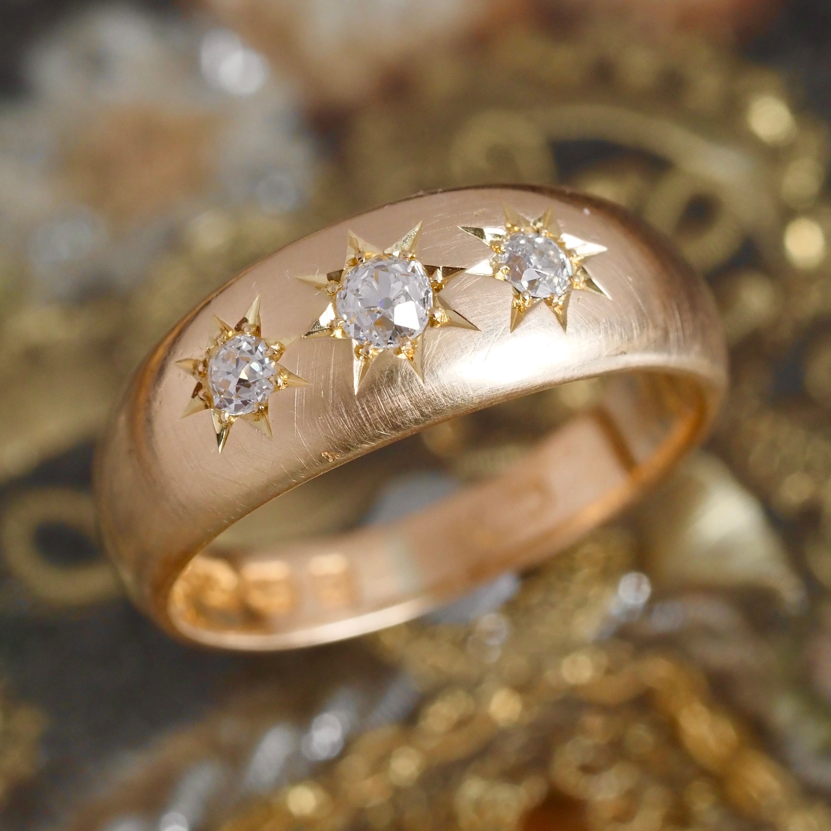 Antique c. 1892 English Starburst Flush Set Old Mine Cut Diamond Trilogy 18k Gold Ring