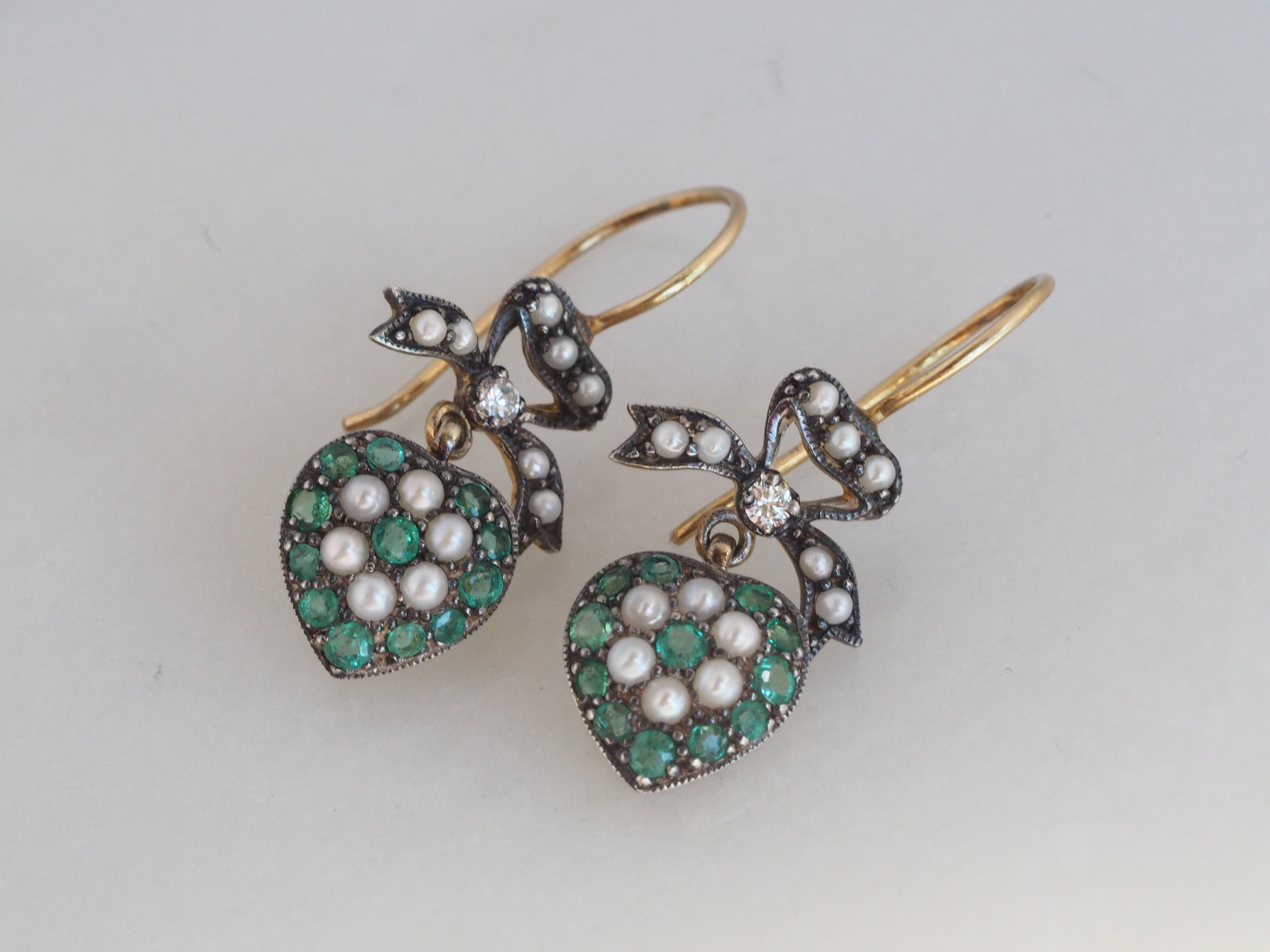 Vintage English 14k Gold Emerald Diamond and Pearl Heart Ribbon Earrings