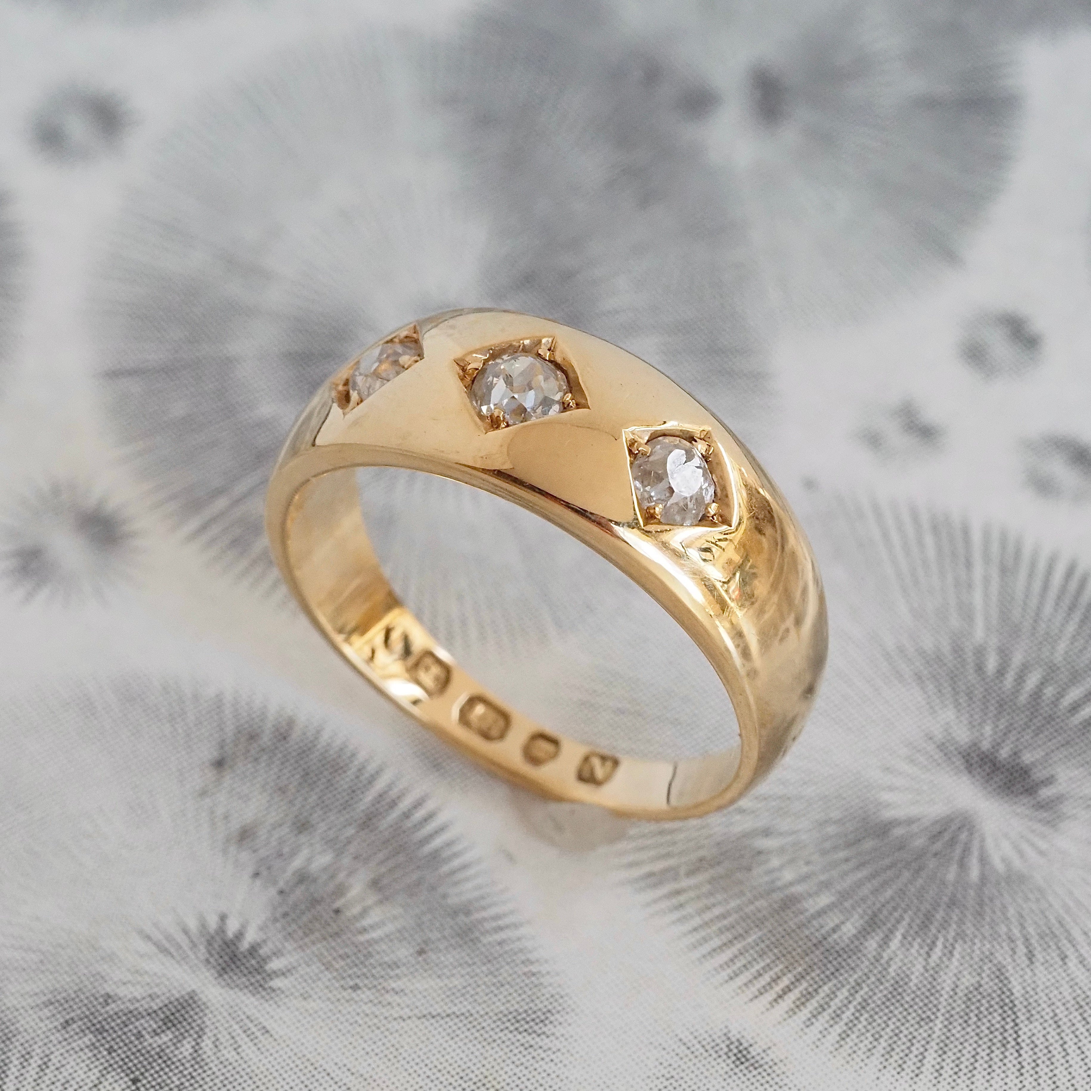 Antique c. 1888 English Flush Set Old Mine Cut Diamond Trilogy 18k Gold Ring