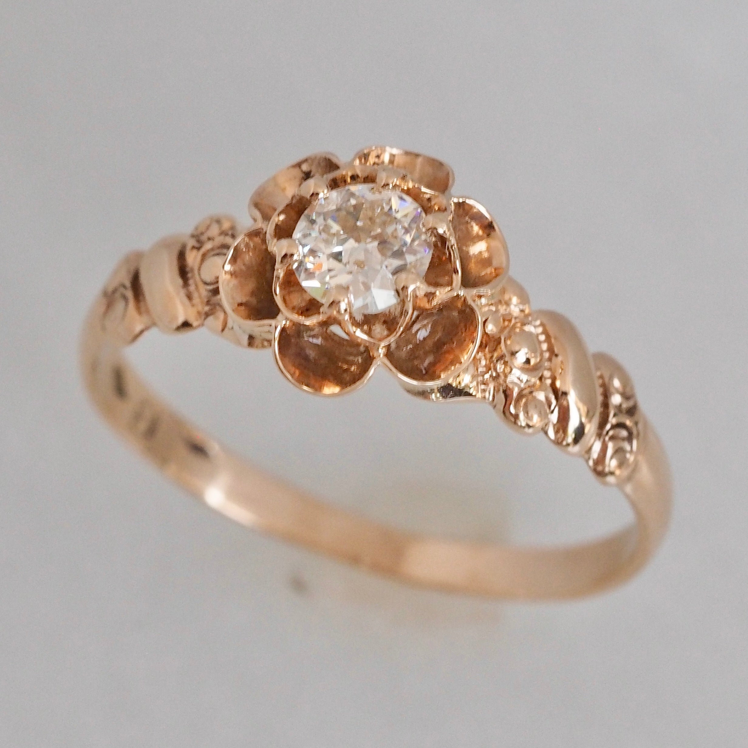 Antique Victorian 10k Gold Old European Cut Diamond Flower Ring