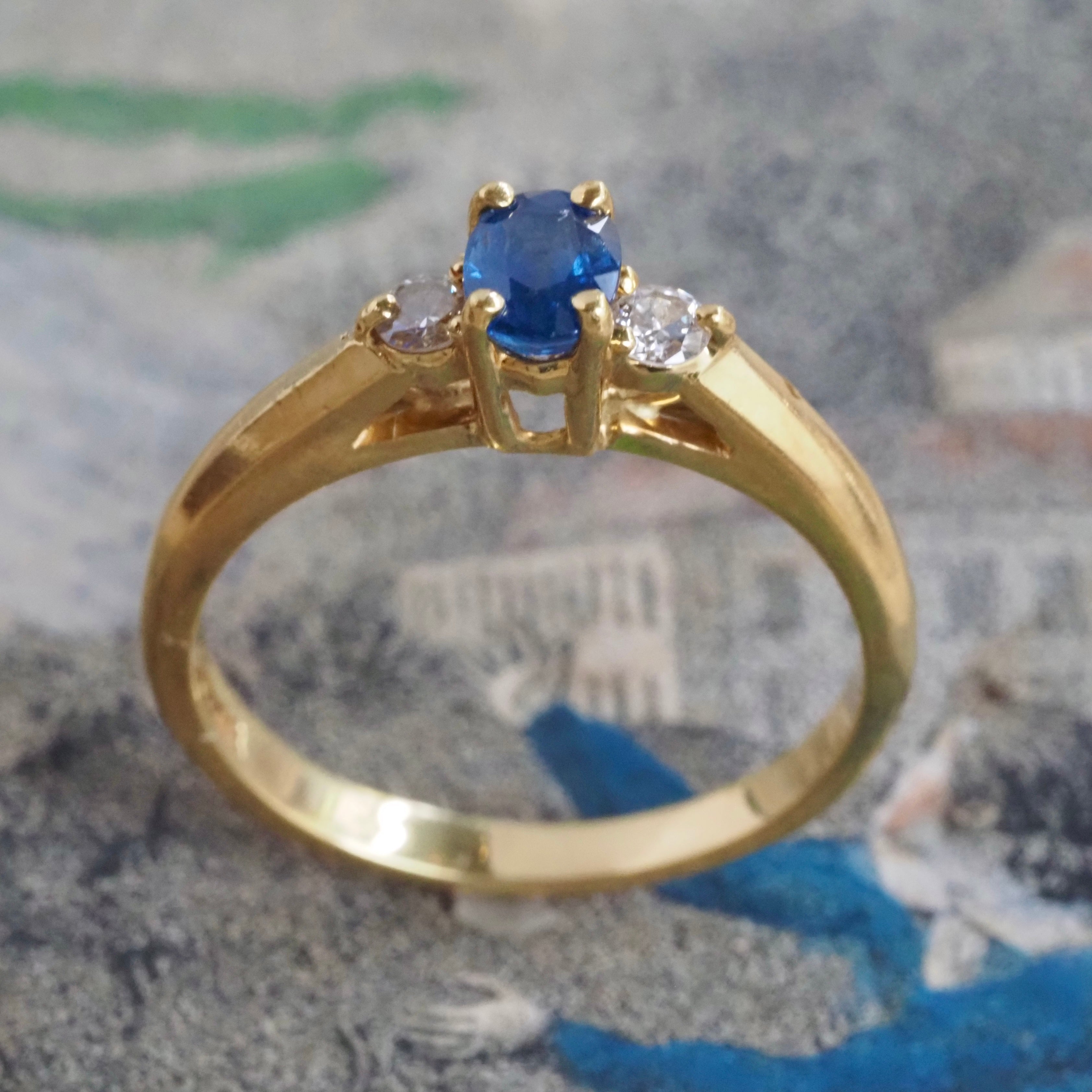Vintage Cornflower Sapphire and Diamond 18k Gold Engagement Ring
