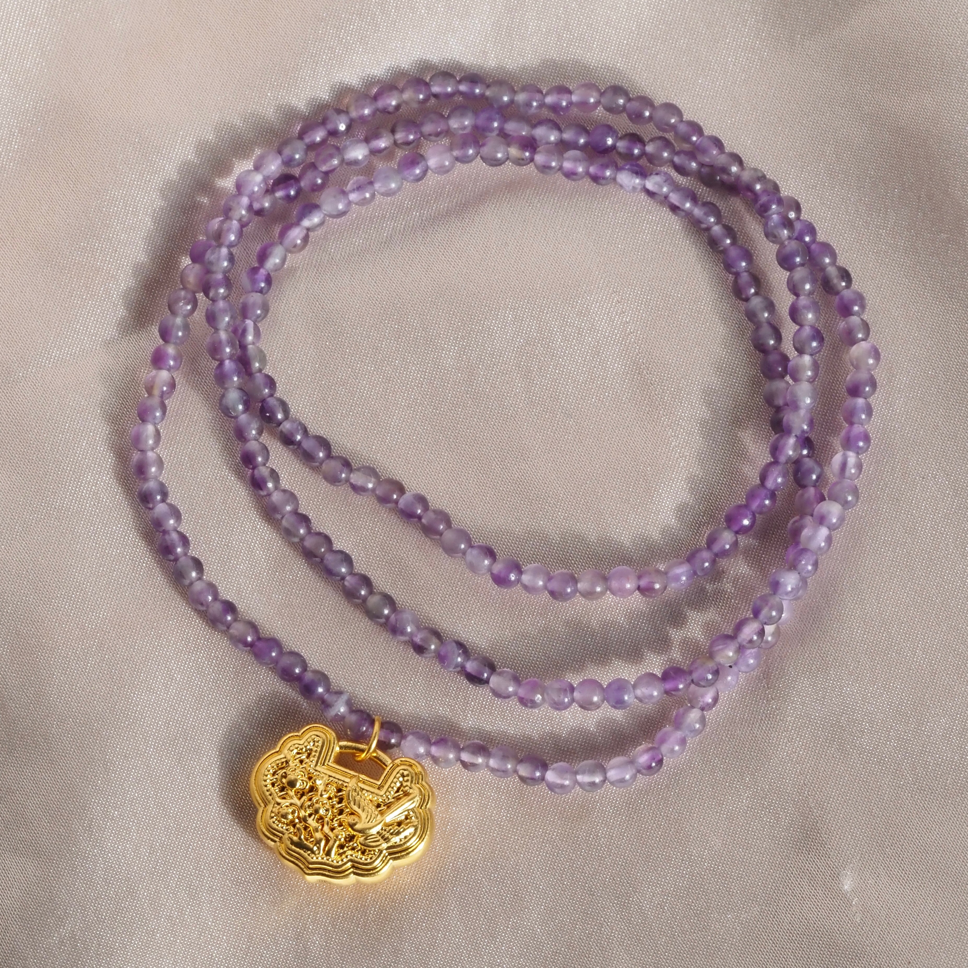 Vintage Chinese Amethyst Bead 24k Gold Lock Charm Necklace