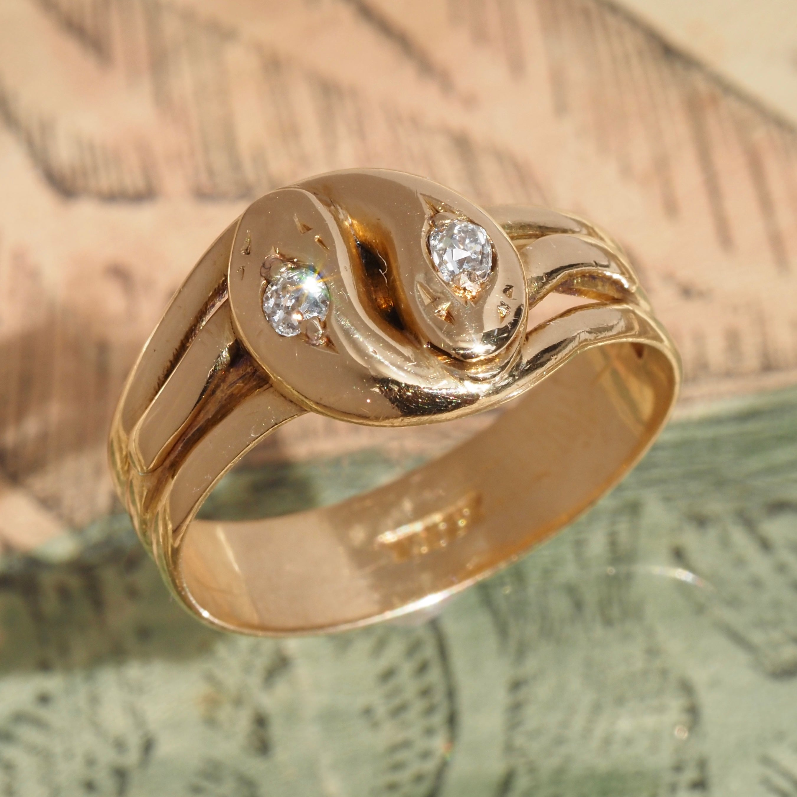 Antique English Double Snake Old Mine Cut Diamond 18k Gold Ring
