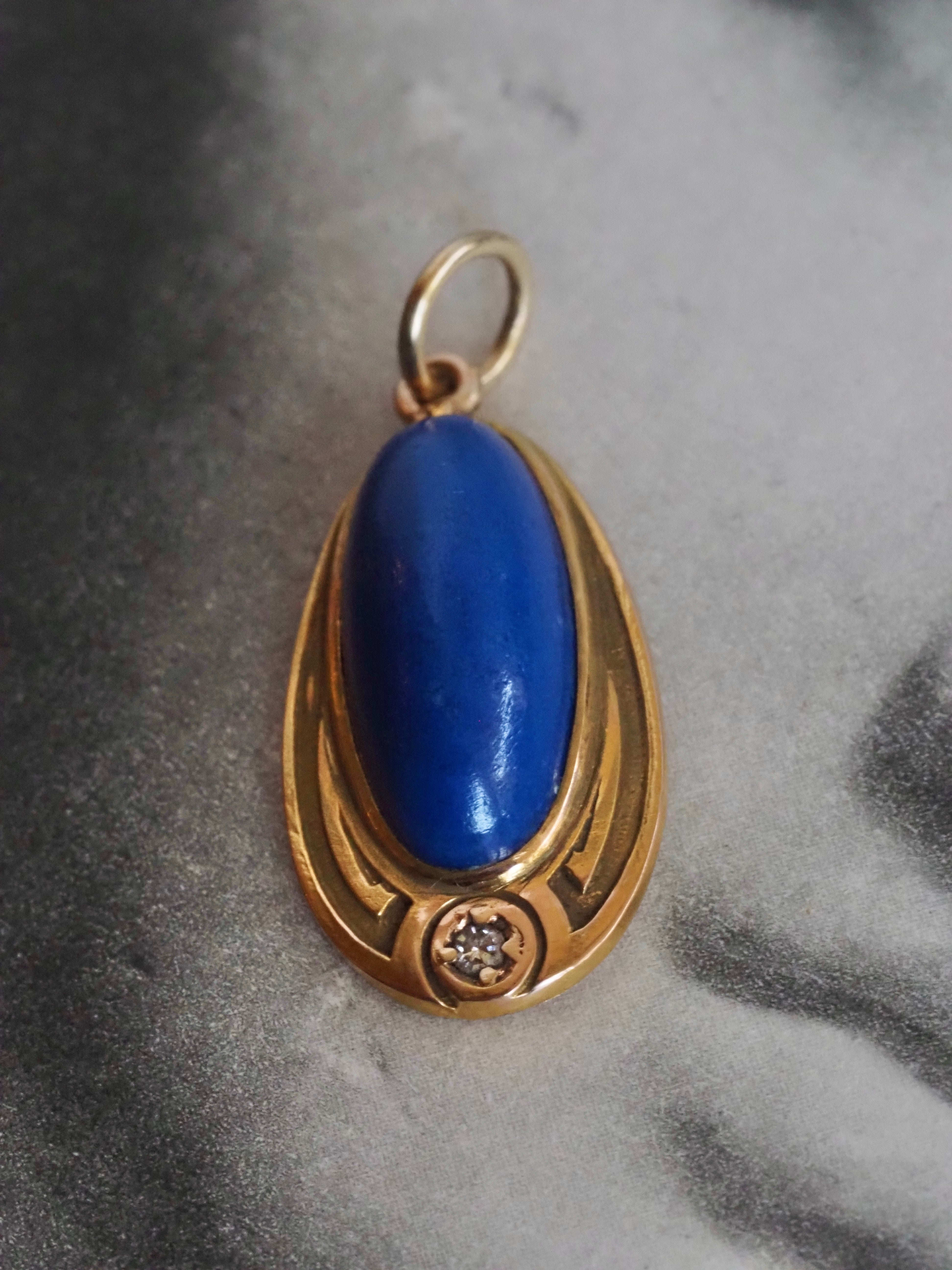 Antique Art Nouveau 14k Gold Lapis & Diamond Pendant