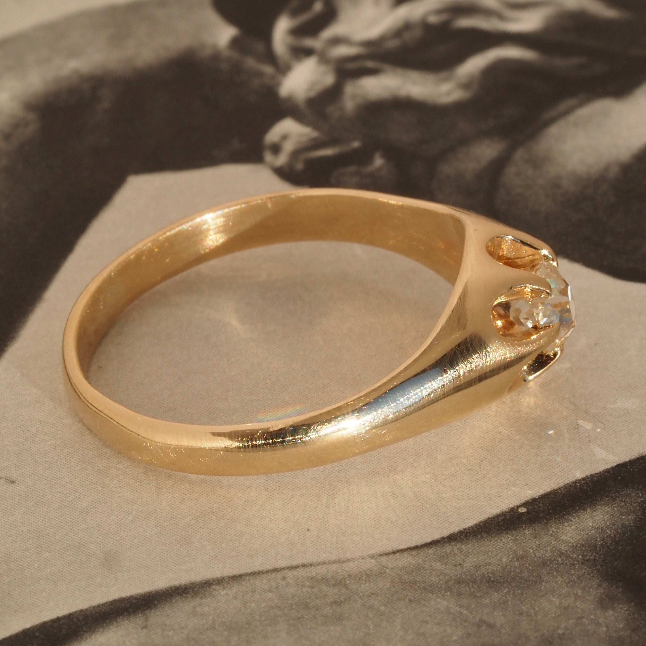 Antique Old Mine Cut Diamond Flush Set Belcher 14k Gold Engagement Ring