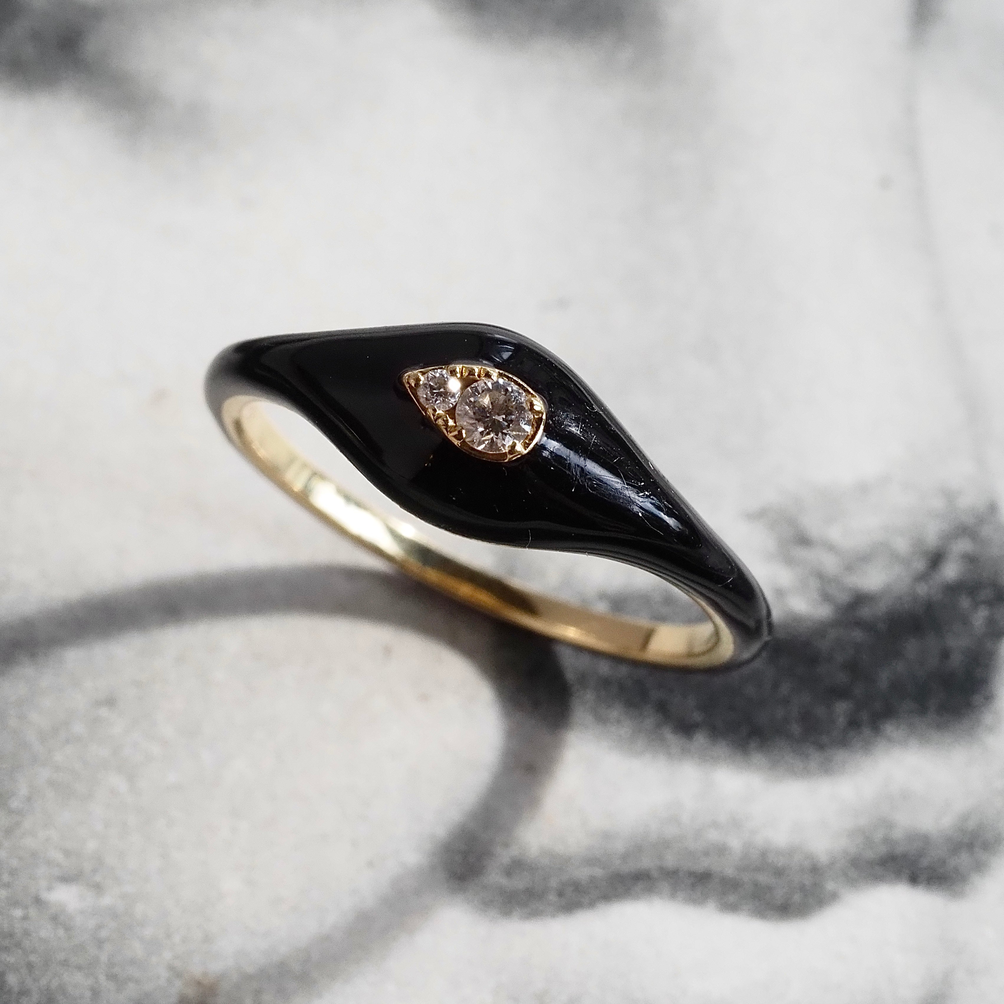 Domed Black Enamel 18k Gold Diamond Teardrop Ring