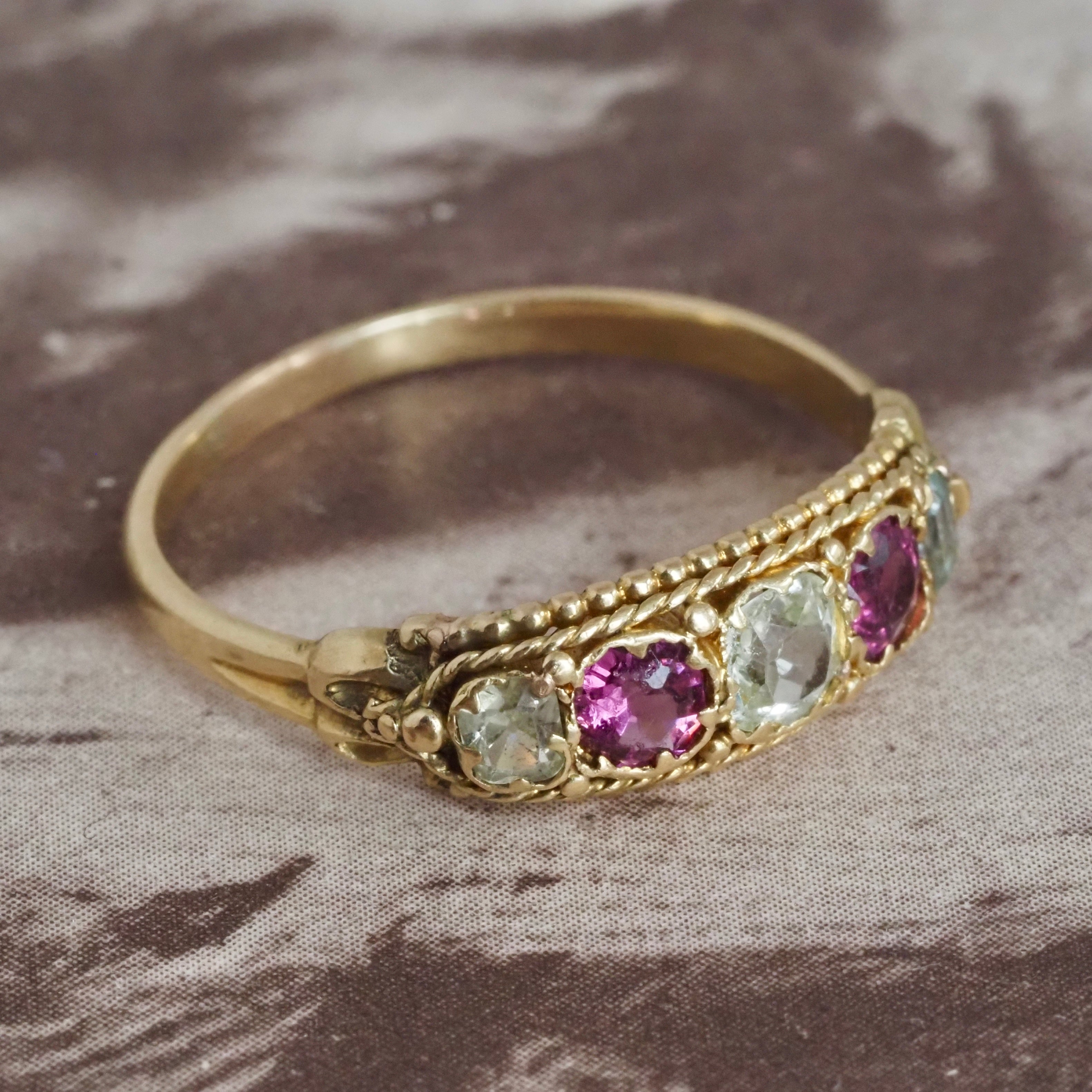 Antique Victorian Five Stone Chrysoberyl Garnet Emerald 18k Gold Ring