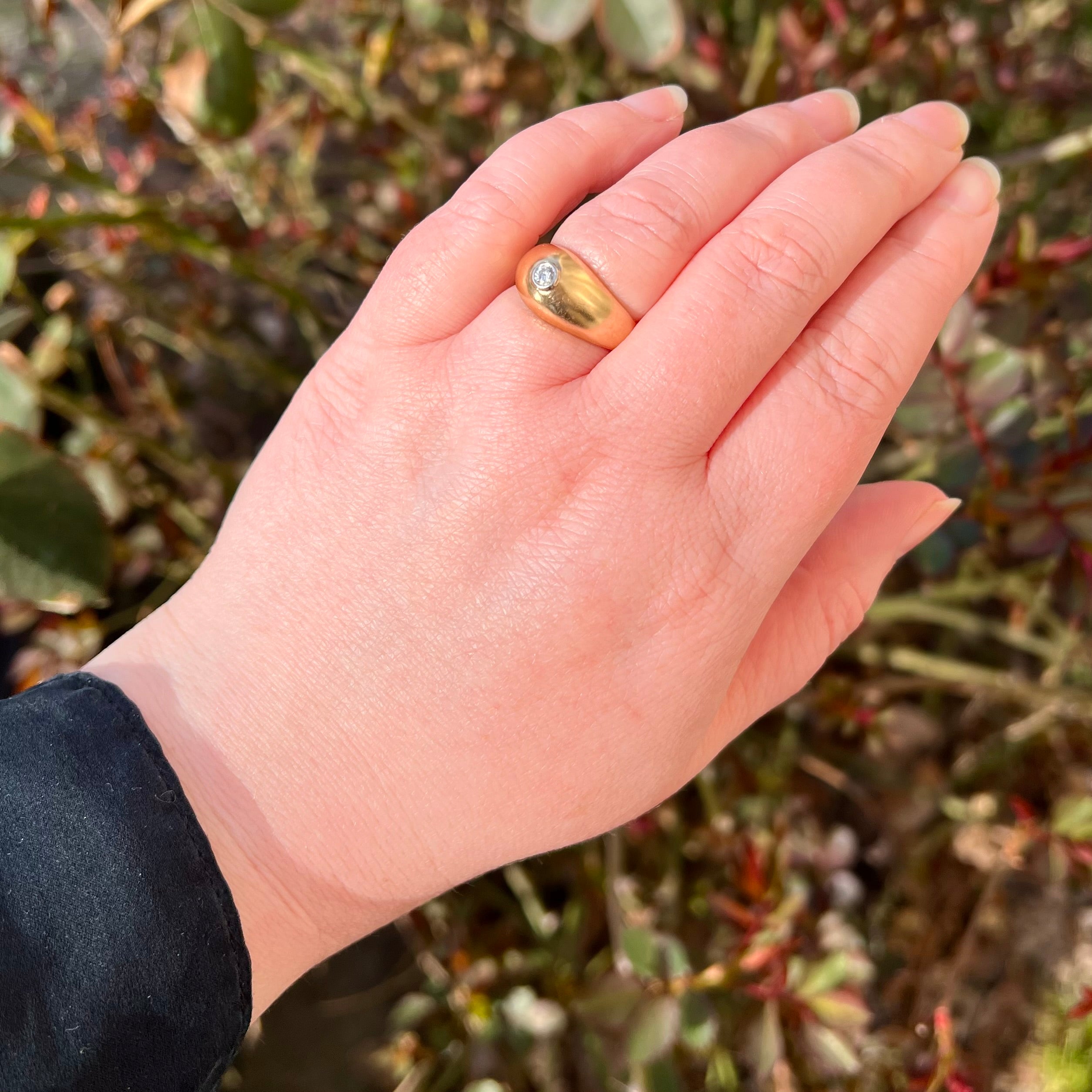Vintage 14k Gold Bezel Set Diamond Satin Dome Ring