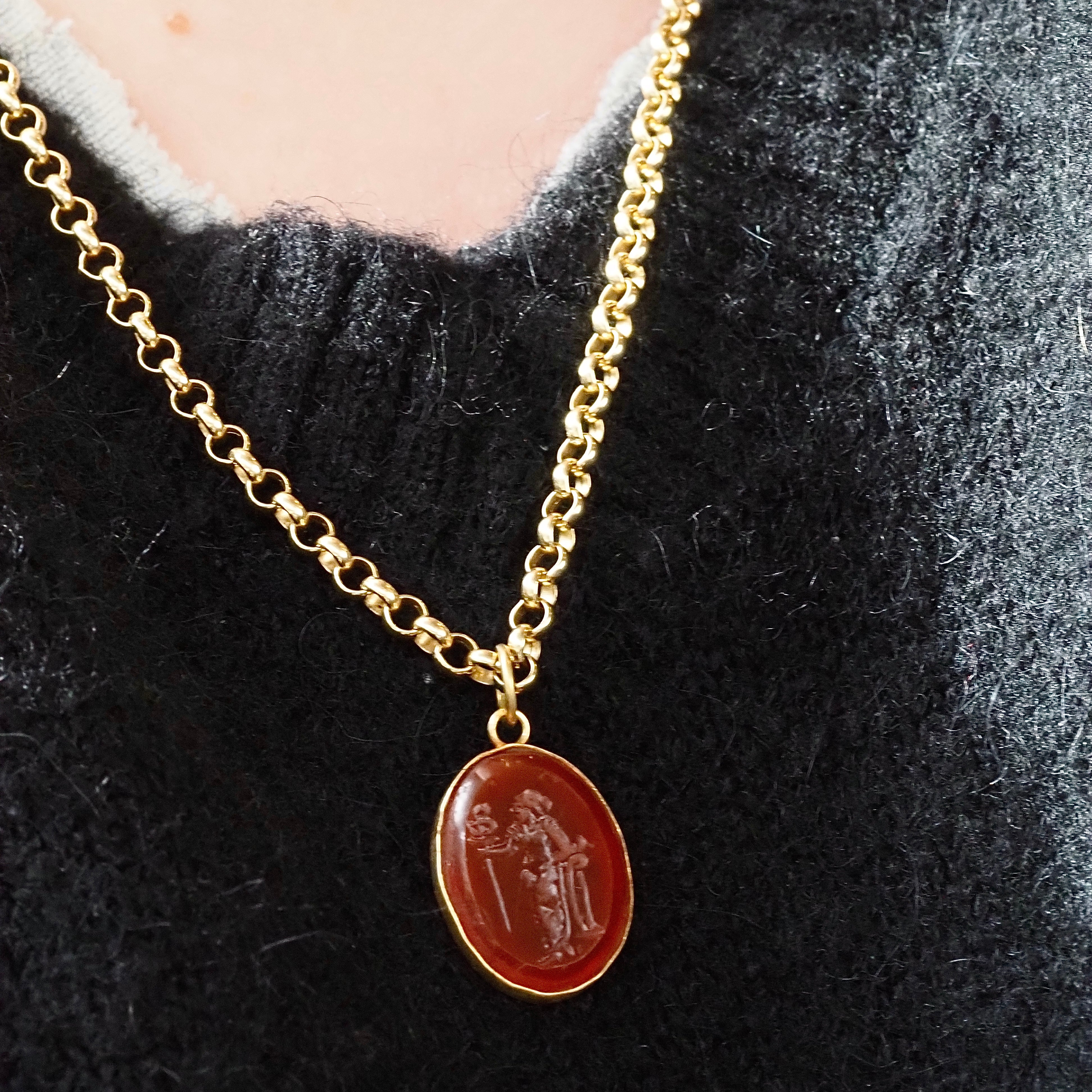 Antique Carnelian Figurative Intaglio 18k Gold Pendant