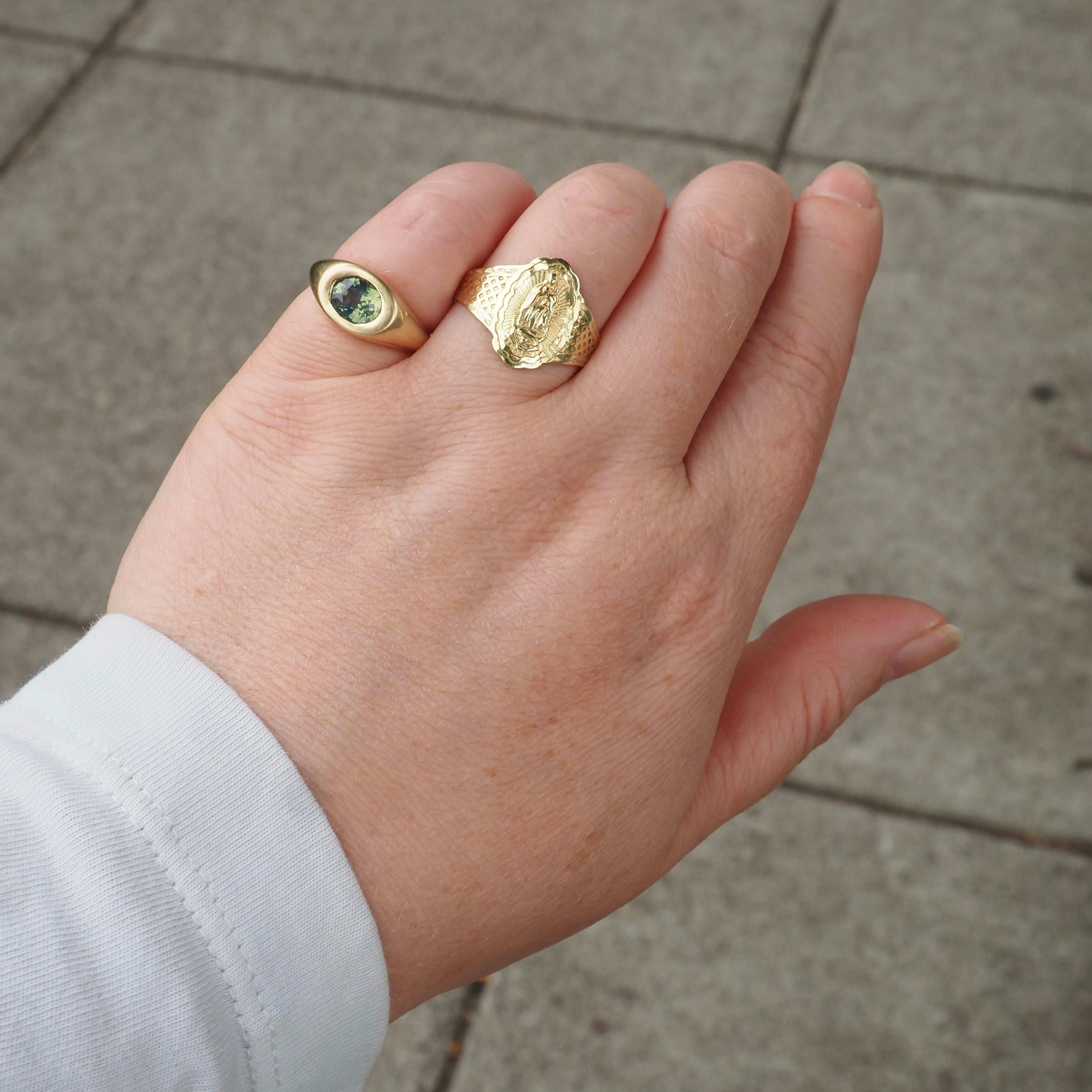 Faceted Natural Green Sapphire Signet 14k Gold Ring