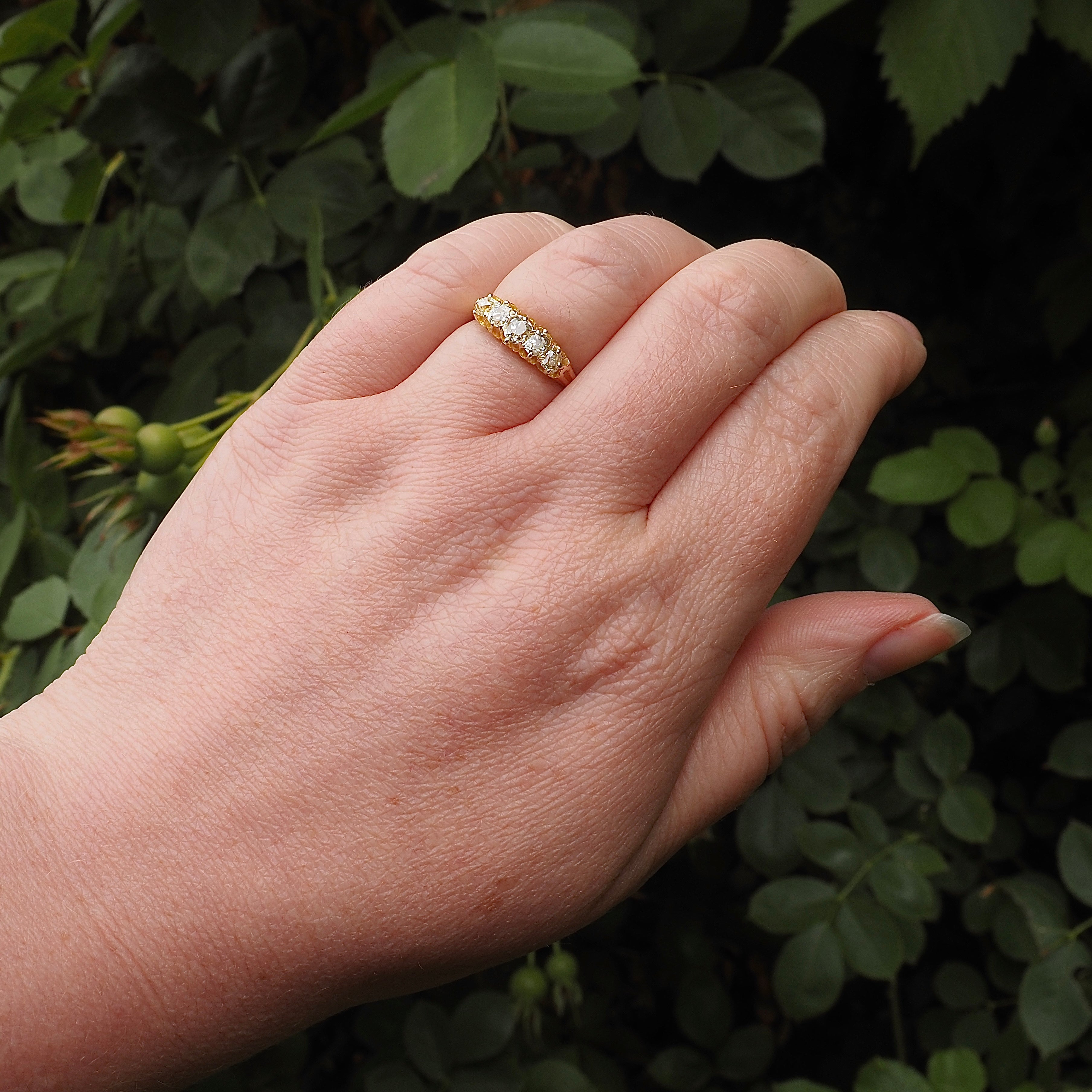 Antique English Five Stone Old Mine Cut Diamond 18k Gold Ring
