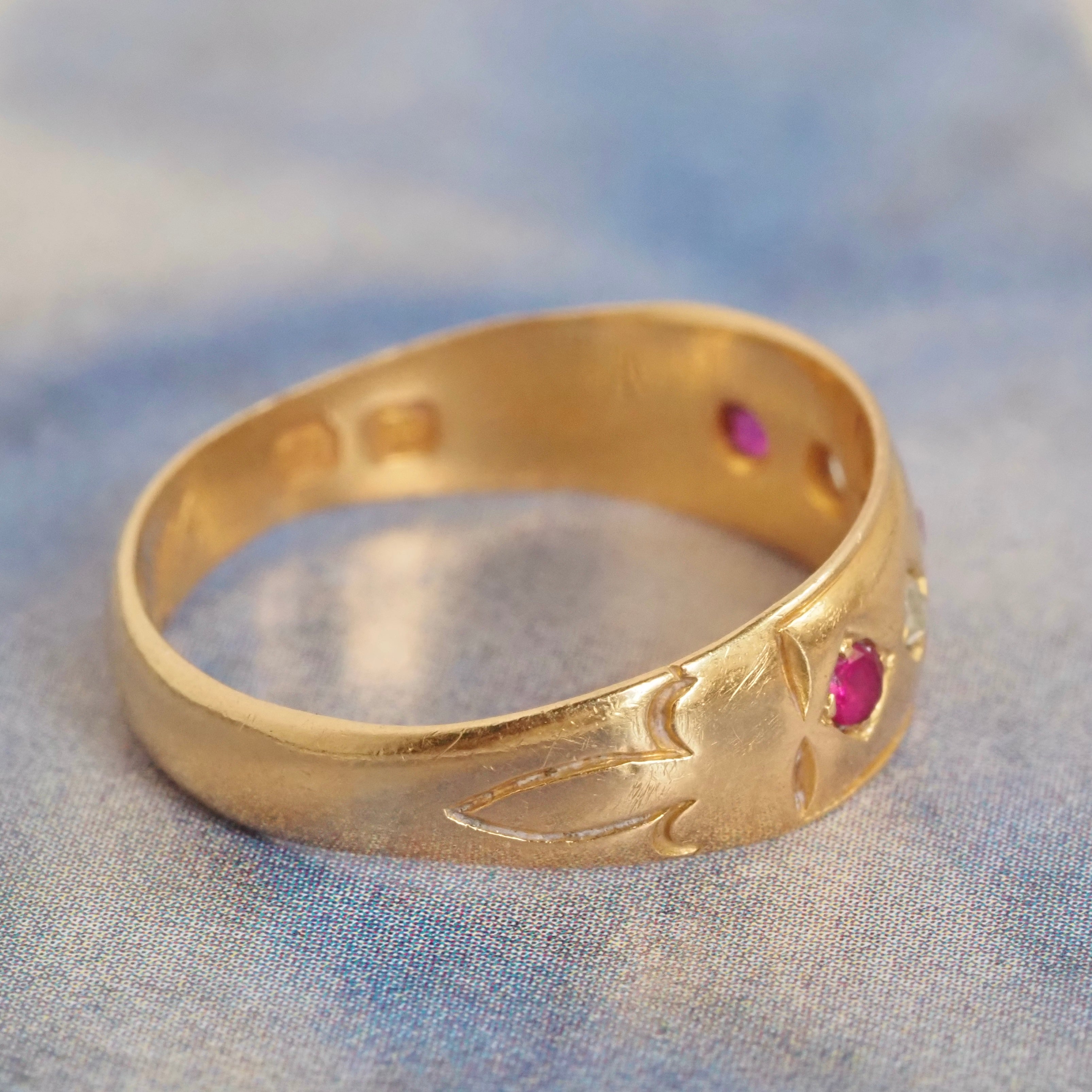 Antique English 18k Gold Natural Ruby and Rose Cut Diamond Flush Set Ring