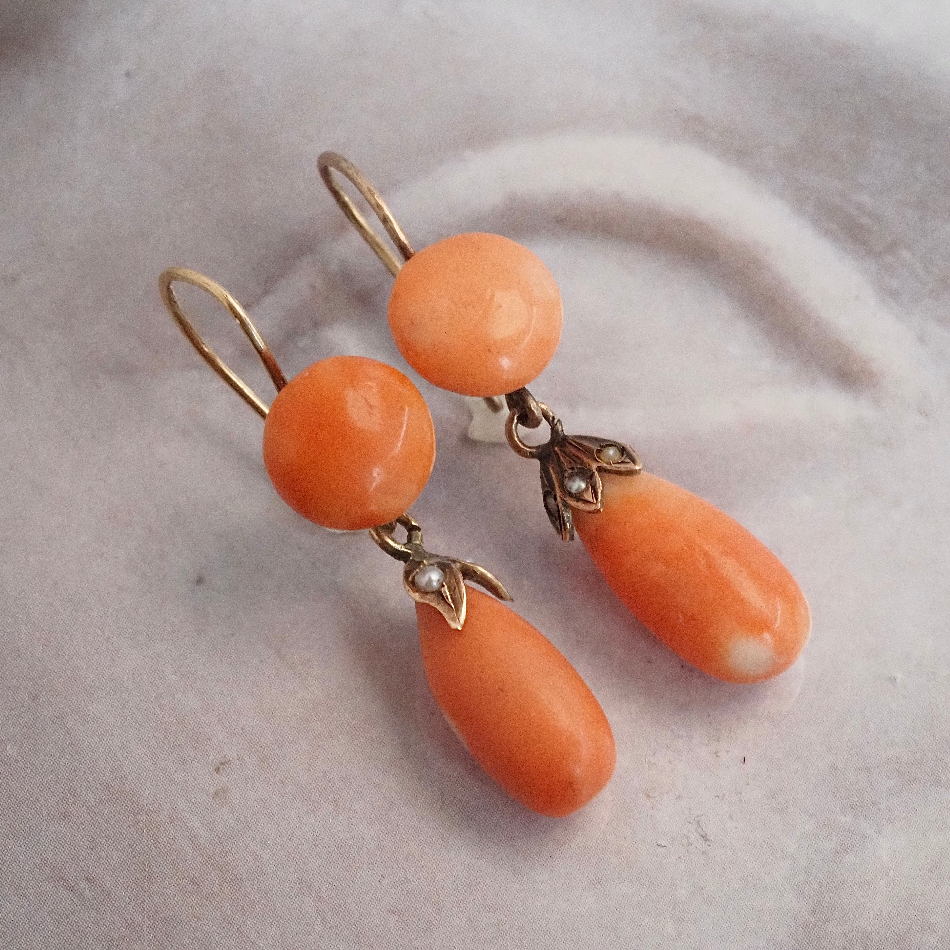 Antique Victorian Coral Pearl 10k Gold Drop Earrings
