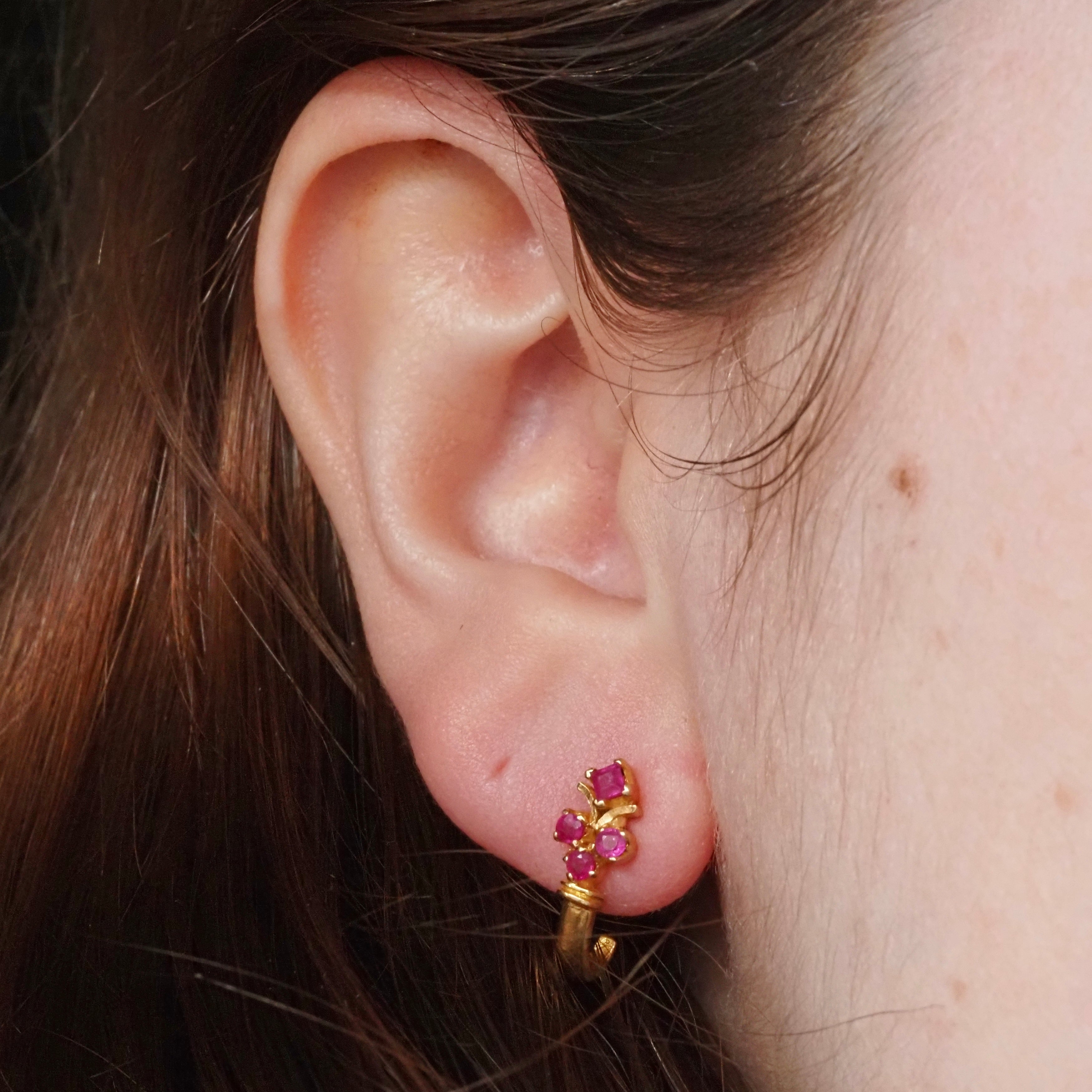 Vintage 18k Gold Ruby Encrusted Hoops