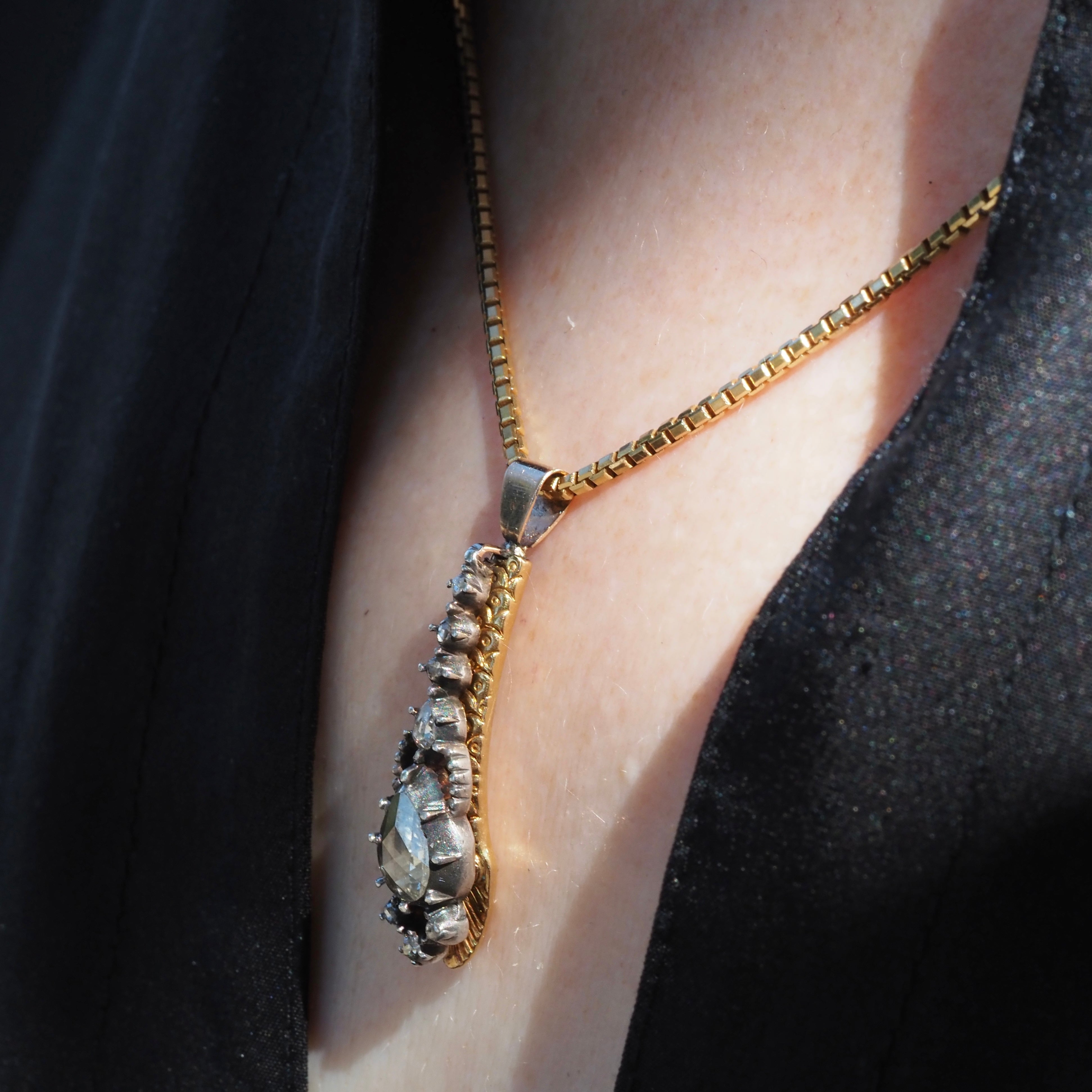 Antique Rose Cut Diamond Gold and Silver Snake Pendant