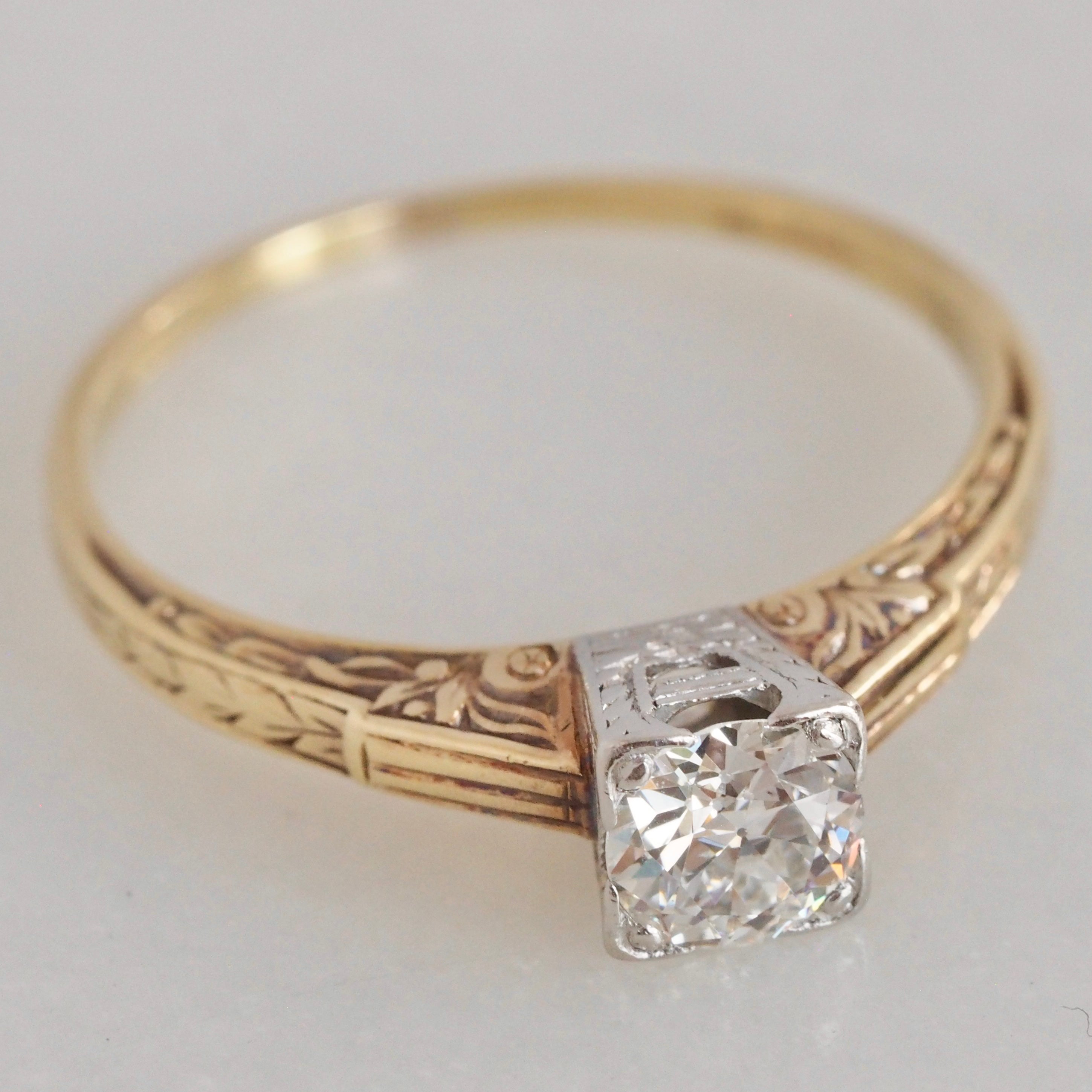 Art Deco 14k White and Yellow Gold Old European Cut Diamond Engagement Ring
