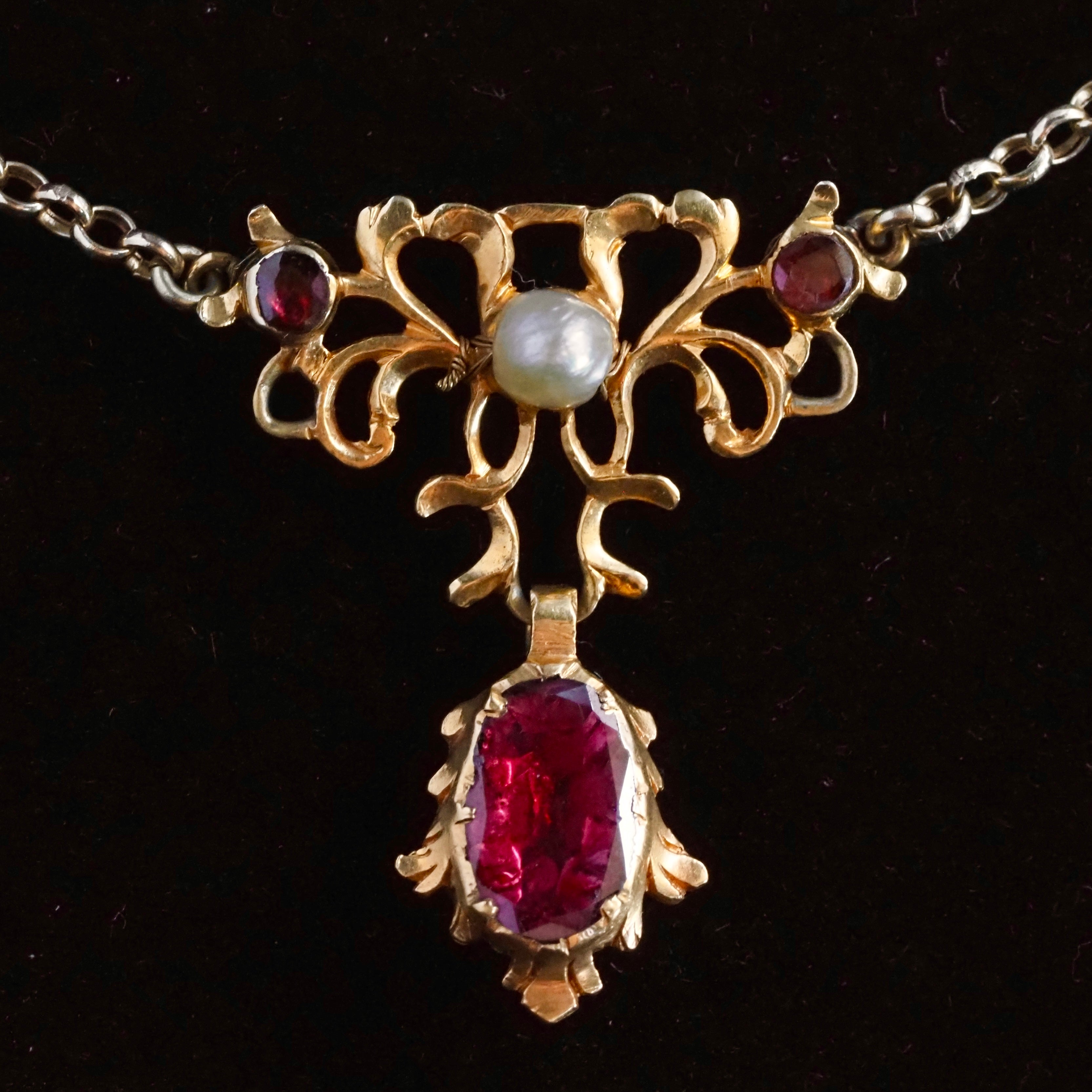 Antique Georgian Foiled Garnet & Pearl Pendant on Vintage 9k Gold Rolo Chain