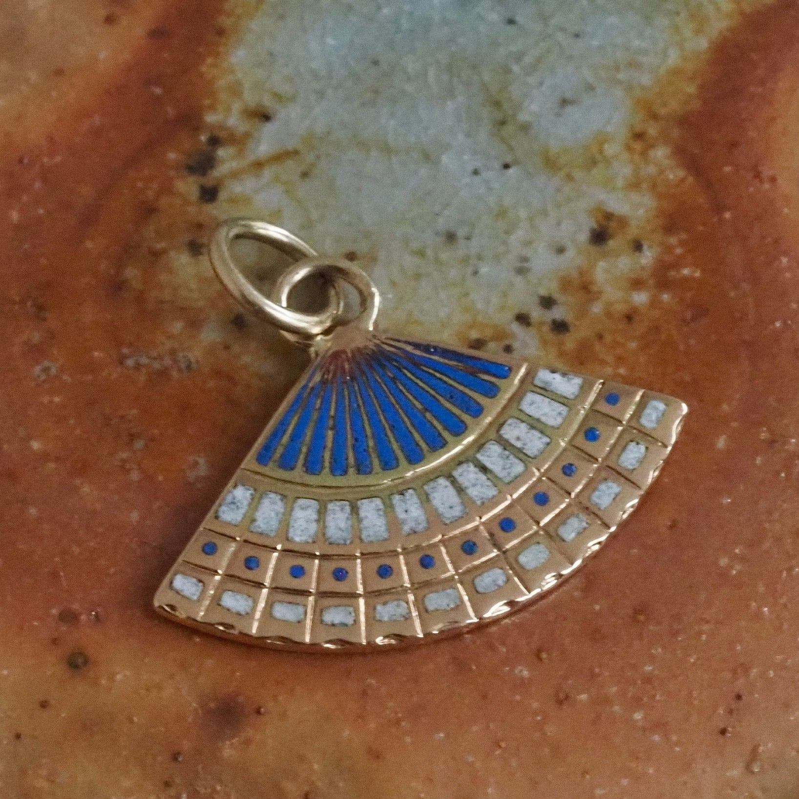 Vintage 14k Gold Blue & White Enamel Fan Charm