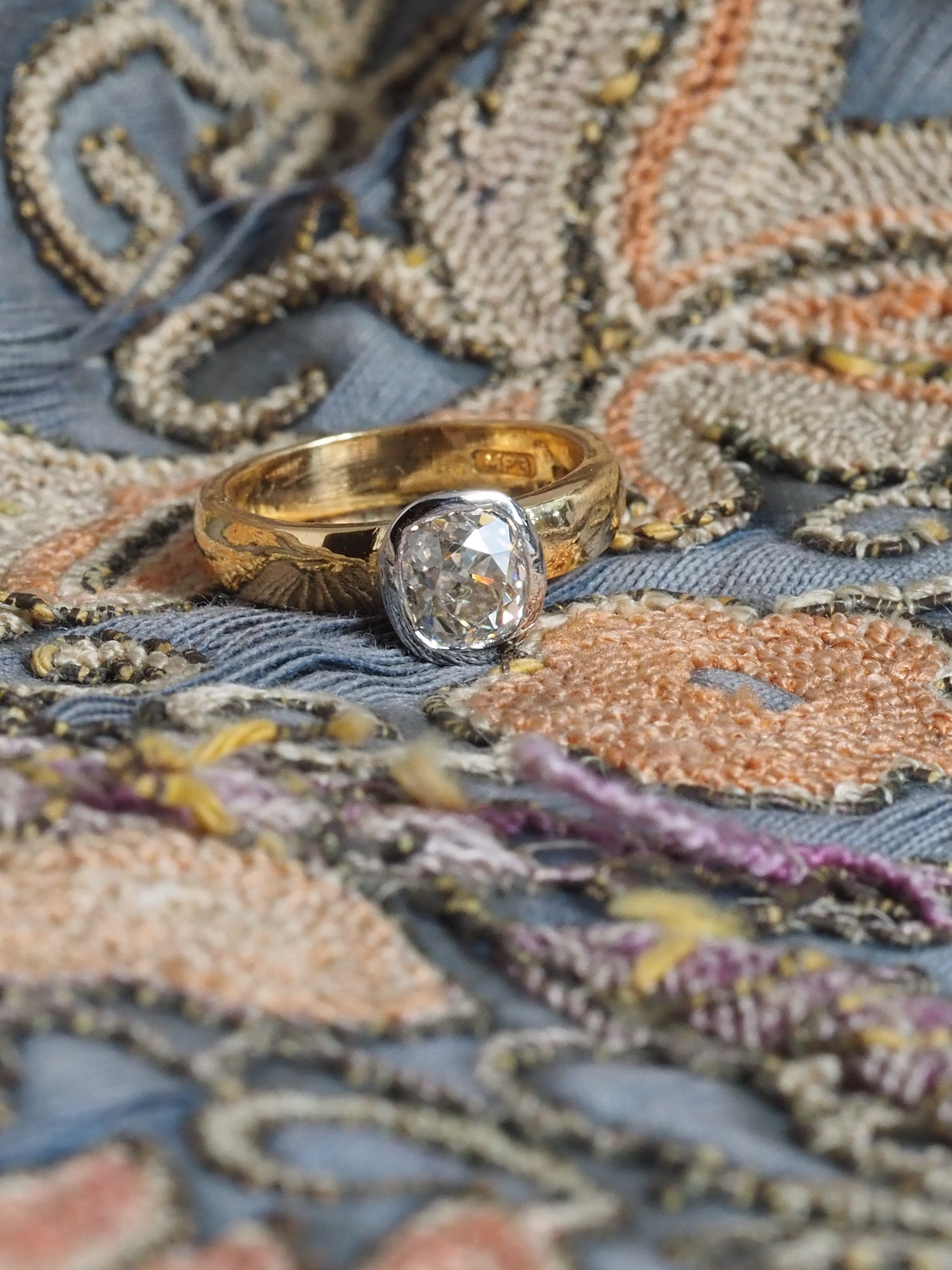 Vintage English 22k Gold Platinum Bezel Set 1.10ct Old Mine Cut Diamond Engagement Ring