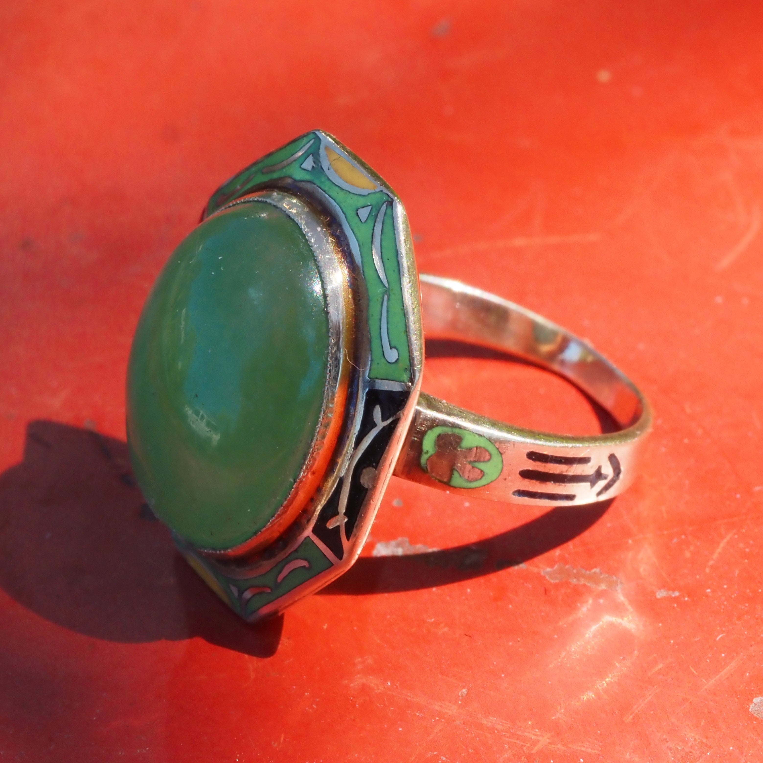 Antique Art Deco Jade and Enamel 14k Gold Ring