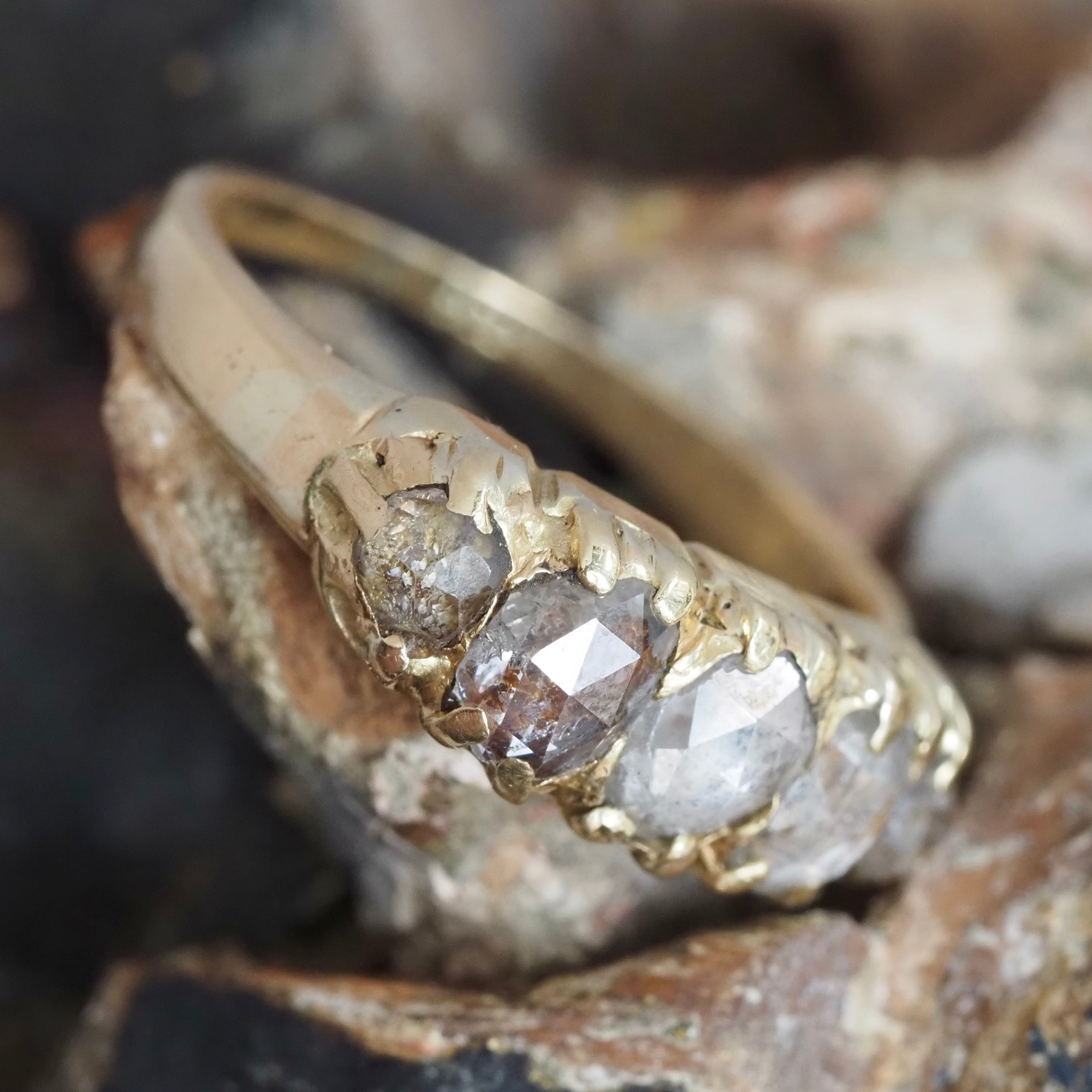 Antique Victorian 18k Gold Foil Backed Rose Cut Diamond Five Stone Ring